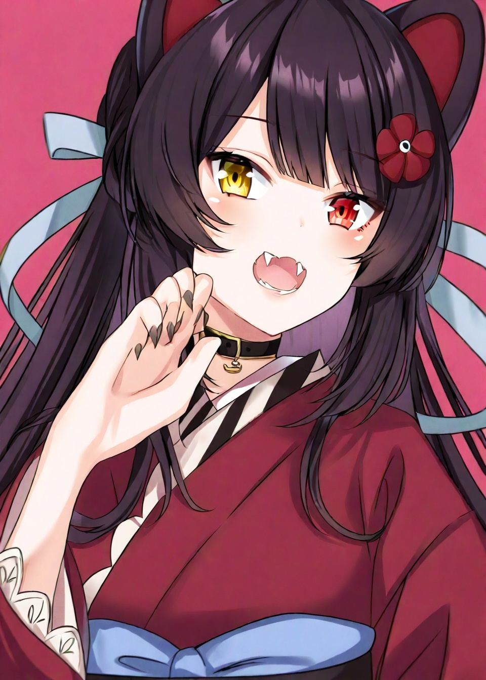 1girl, virtual youtuber, inui toko, solo, fangs, heterochromia, red eyes, animal ears, yellow eyes, kimono, dog ears, japanese clothes, long hair, hair flower, flower, hair ornament, official alternate costume, red kimono, official alternate hairstyle, looking at viewer, open mouth, red flower, ribbon, upper body, simple background, hair ribbon, black hair, dog girl