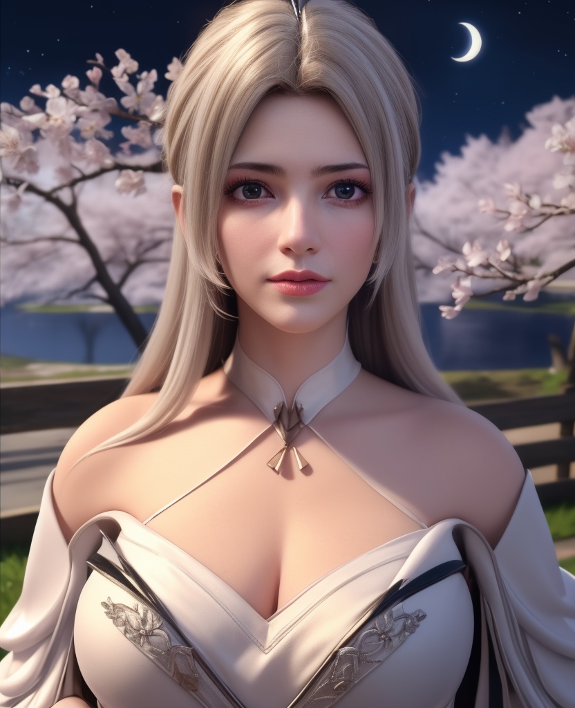 <lora:584-DA-星辰变-白灵:0.8>(,1girl, ,best quality, ),looking at viewer,masterpiece,(( , )),, realistic,science fiction,mole,,ultra realistic 8k cg,     ,cherry blossoms,,night, night sky, crescent moon, moonlight,,(facing viewer, looking at viewer, , ),  (cleavage), (),