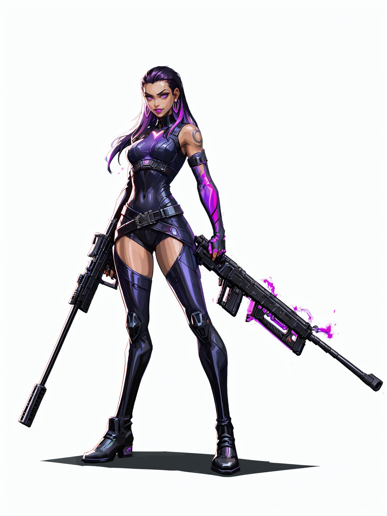 HEZI,Valenlott style,European and American cartoon character design,cutting,dividing,angular,features,1girl,weapon,gun,solo,holding,dark skin,holding weapon,holding gun,long hair,rifle,purple hair,dark-skinned female,earrings,bodysuit,white background,fingerless gloves,gloves,multicolored hair,breasts,purple eyes,glowing,looking at viewer,jewelry,medium breasts,black gloves,hair slicked back,animification,standing,full body,black bodysuit,assault rifle,boots,black hair,hair behind ear,simple background,thighhighs,tattoo,makeup,belt,glowing eyes,parted lips,open hand,arm tattoo,gradient hair,elbow gloves,submachine gun,black footwear,smile,bare shoulders,trigger discipline,fingernails,jacket,piercing,pink eyes,closed mouth,purple lips,lipstick,shadow,knee boots,pink hair,two-tone hair,bangs,sniper rifle,shoulder tattoo,hoop earrings,purple bodysuit,armor,<lora:欧美卡通人物设计V2版本-000012:0.7>,