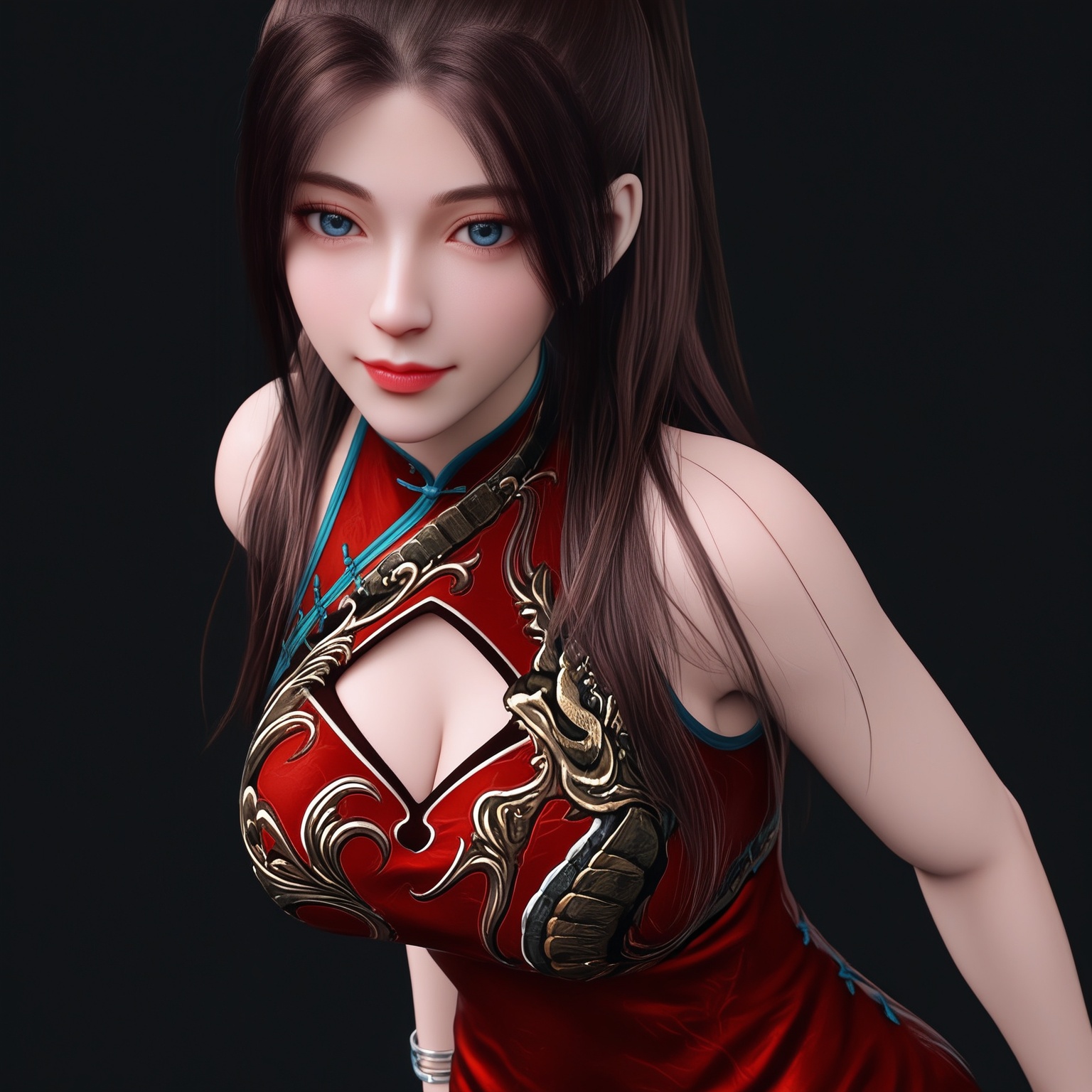 (score_9),masterpiece,best quality,absurdres,highres,upper body,(white_skin),(Ivory_skin),light_skin,BREAK1girl,solo,<lora:唐紫尘-ill-000009:0.82>,htzc,igh ponytail,long hair,brown hair,blue eyes,light smile,(looking at viewer),(front view),light blush,bare shoulders,clothing cutout,cleavage cutout,bracelet,china dress,(red_china dress),thigh strap,short shorts,(large teardrop breasts),(large breasts),BREAK(Cinematic Lighting:1.1),simple background,black background,