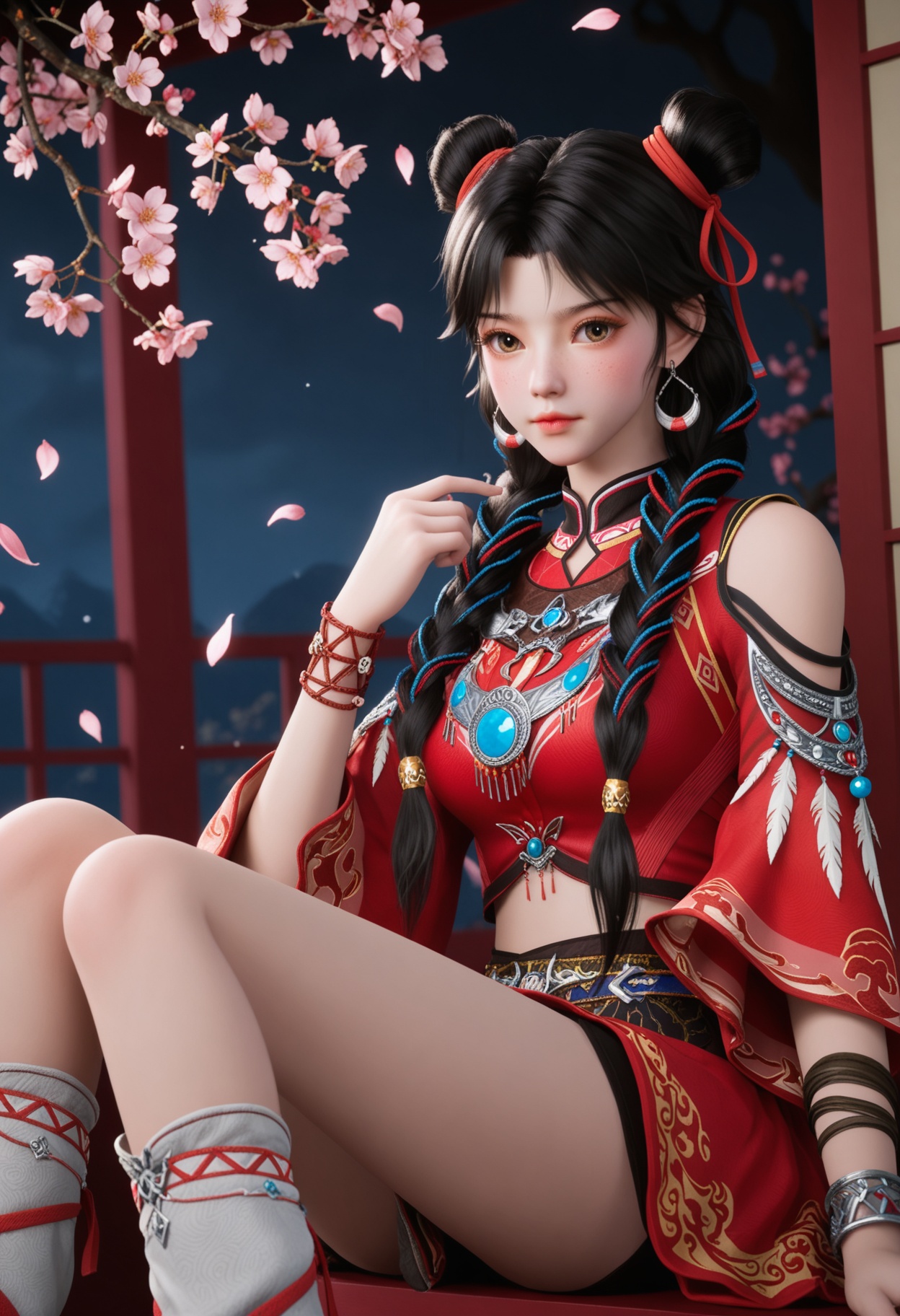 (upper_body:1.2),(looking at viewer:1.1),masterpiece,(best quality),smog,Dark room,dim lighting,peach blossom,falling petals,<lora:YQ_Illustrious光辉v5_白落衡_V1:0.8>,q1528437228,solo,1girl,jewelry,black hair,long hair,earrings,hair bun,braid,ribbon,hair ribbon,twin braids,double bun,brown eyes,chinese clothes,multiple braids,bracelet,crop top,skirt,multicolored hair,feathers,dress,red ribbon,red skirt,single hair bun,red dress,hair over shoulder,leg warmers,socks,shirt,brown hair,red shirt,necklace,freckles,shoes,long sleeves,detached sleeves,hair ornament,china dress,black eyes,multi-tied hair,wide sleeves,ribbon braid,black footwear,