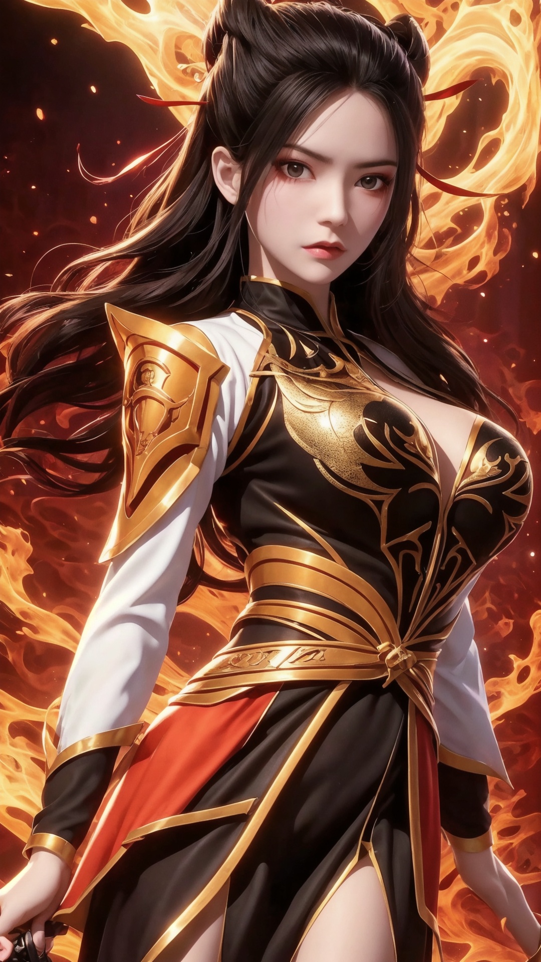 The image is a digital illustration of a female warrior. She is wearing a red and gold armor with intricate designs and patterns. The armor has a high neckline and long sleeves,and she is holding a sword in her right hand. The woman has long dark hair that is styled in loose waves and is wearing multiple horns on her head. She has a fierce expression on her face and is standing in front of a fiery background. The overall color scheme of the image is red,gold,and black.,<lora:1.5焰灵姬(4):0.8>,