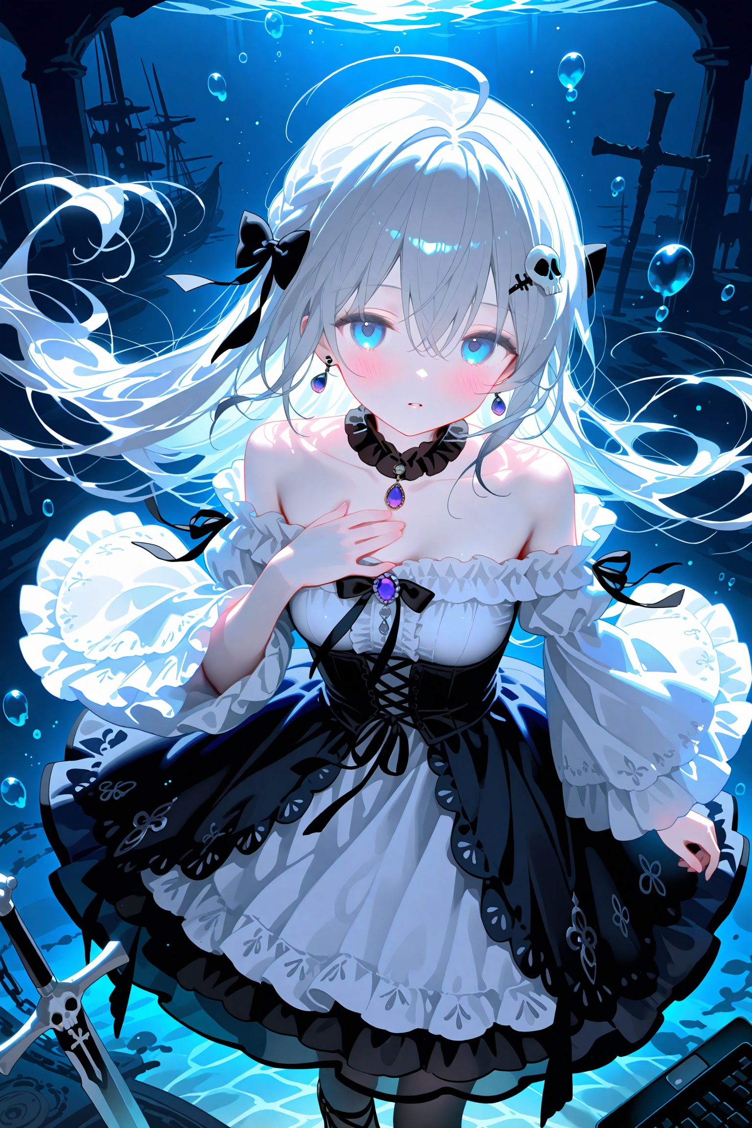 1girl skull dress underwater blue eyes solo long hair looking at viewer weapon black dress frills long sleeves bubble floating hair sword ribbon air bubble frilled dress hair between eyes jewelry white hair black footwear skeleton hair ribbon black ribbon laptop grey hair lolita fashion parted lips ruins book computer white dress off shoulder black bow necklace hair bow gothic lolita off-shoulder dress skull necklace very long hair bow ahoge detached collar hand up corset black corset submerged high heels wide sleeves purple gemstone breasts frilled sleeves crossed bangs braid flower bare shoulders collar gem planted center frills cave chain hand on own chest knife outdoors pale skin watercraft dark frilled collar pendant shoes reaching layered dress dagger tombstone water treasure chest closed mouth expressionless planted sword ship feet out of frame two-tone dress night reaching towards viewer bone hair ornament blush collarbone dark background cross small breasts open mouth pearl (gemstone) earrings long dress medium breasts petticoat