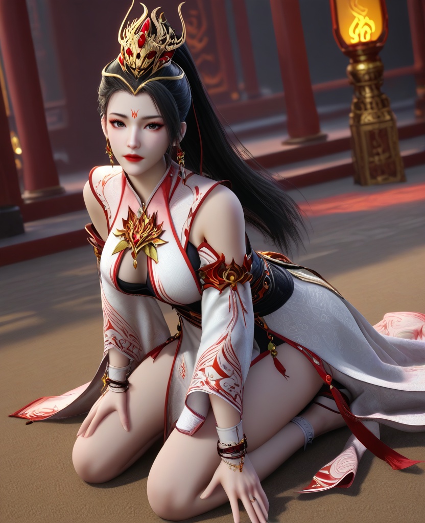 (oriental architecture, elegant decor, sophisticated style:1.1),(Kneeling on one knee, looking up,:1.1),Appalled,(large breasts:1.2),<lora:XL16师兄啊师兄玖酒:0.95>,miss jiujiu,white dress,forehead mark,black hair,ponytail,long hair,hair ornament,jewelry,earrings,black slip dress,red lips,, score_9,score_8_up,score_7_up,score_6_up,score_5_up,score_4_up,3d rendering,tag1,tag2, Cinematic Lighting,backlighting,