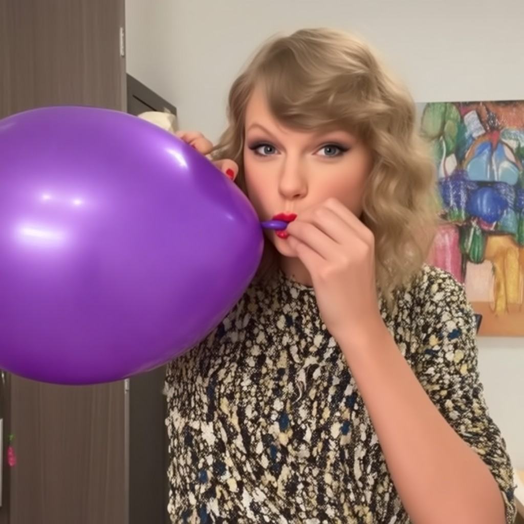Taylor Swift sideways blowing purple balloon on Tensor.Art