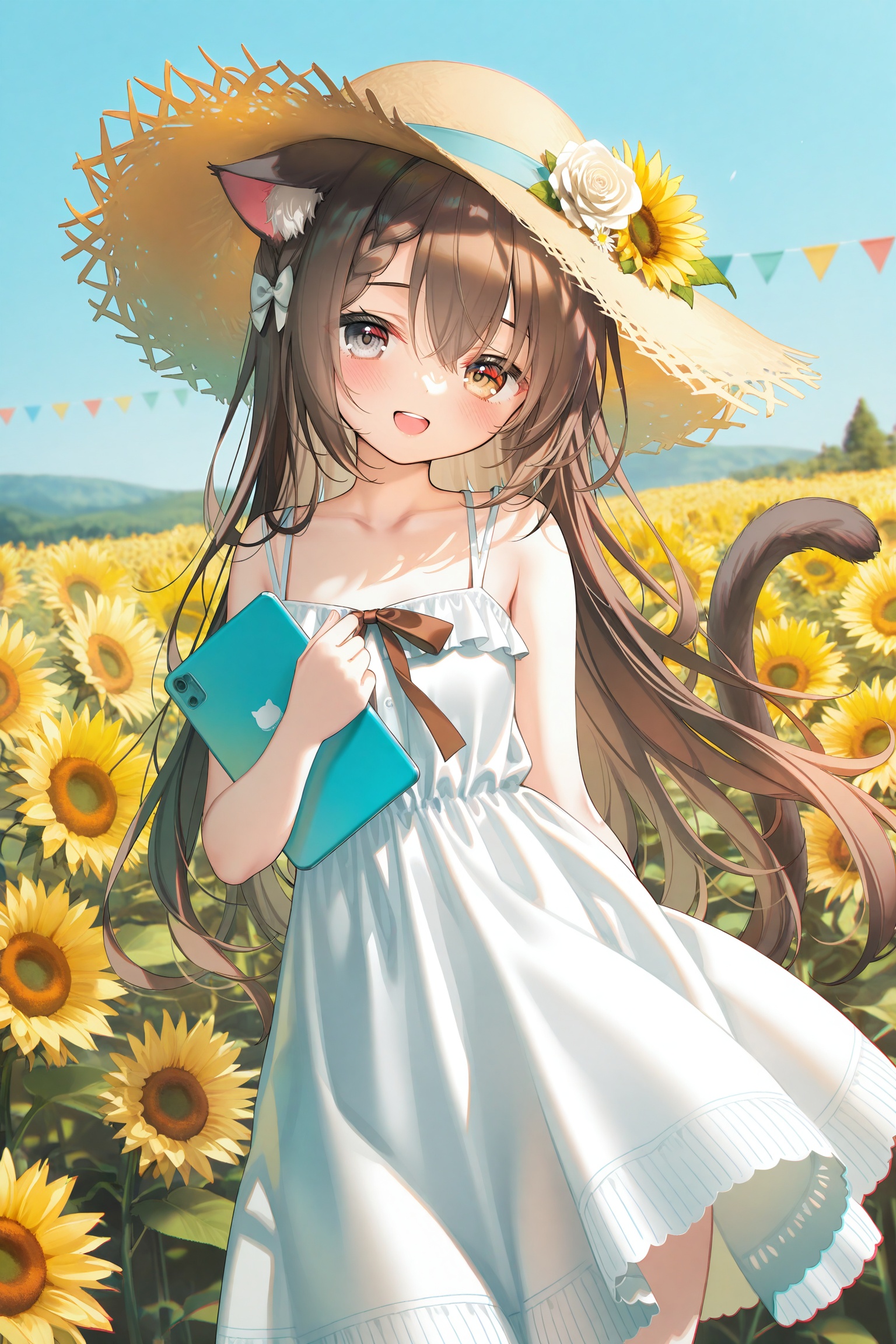 masterpiece,absurdres,best quality,petite,high quality,chromatic_aberration,//,1girl,flower,solo,white flower,dress,sunflower,long hair,hat,smile,white dress,sleeveless dress,white rose,:d,cat tail,yellow flower,straw hat,open mouth,tail,hair between eyes,sleeveless,very long hair,cat ears,hair flower,collarbone,pennant,animal ears,rose,bow,braid,brown headwear,cat girl,bare arms,hair ornament,bare shoulders,holding,braided bangs,hair bow,string of flags,teeth,black bow,looking at viewer,upper teeth only,grey eyes,light brown hair,round teeth,tail raised,day,sun hat,blush,blue sky,brown eyes,sunflower field,book,sundress,sky,yellow rose,holding book,standing,head tilt,outdoors,hat flower,english text,brown hair,hand up,brown bow,daisy,tablet pc,/,artist:ciloranko,artist:suimya,artist:muririn,artist:peas0125,artist:sho_(sho_lwlw),artist:tianliang_duohe_fangdongye,artist:eip (pepai),artist:rukako,artist:toosaka_asagi,artist:ask(askzy),