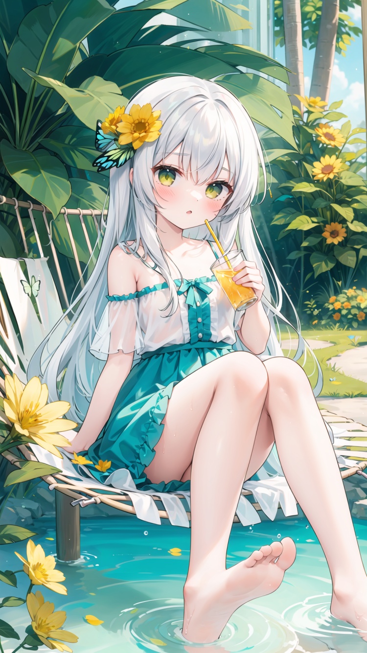 1girl, solo, flower, long hair, drinking straw, hair flower, hair ornament, very long hair, barefoot, yellow flower, red flower, blush, soles, holding, water, looking at viewer, bug, cup, wings, collarbone, bangs, crazy straw, butterfly, white hair, sitting, green eyes, holding cup, bow, hammock, bare shoulders,