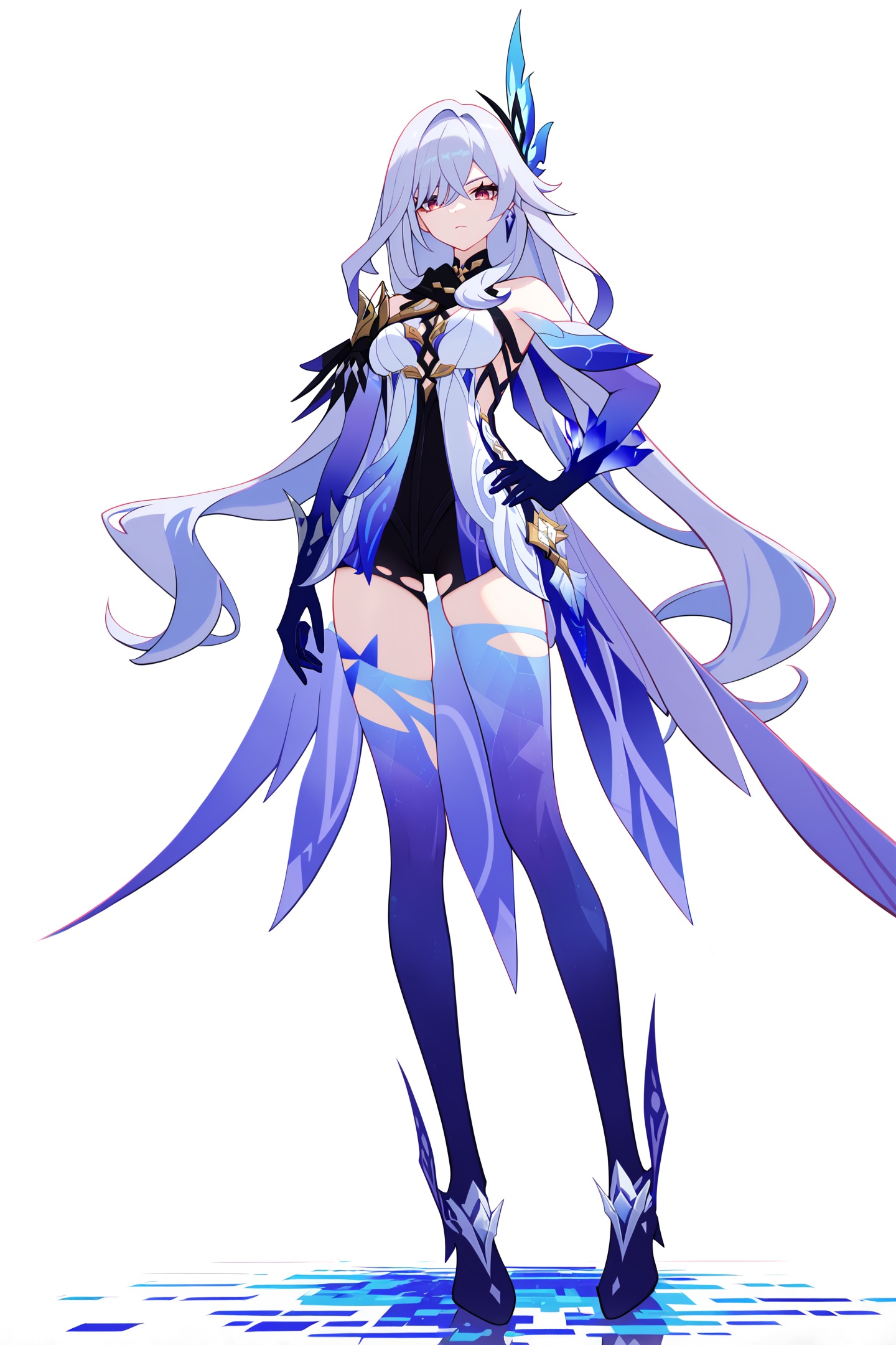 score_9,score_8_up,score_7_up,score_anime,8k,best quality,masterpiece,(ultra-detailed),(high detailed skin),(by nanoless, by misumi \(macaroni\),:0.5),<lora:YLI 0.1v:0.25>,<lora:style1:0.25>,A full-body portrait of a young girl,standing gracefully,pastel art style,high-key lighting,shoujo manga influence,hd quality,delicate details,full body,full shot,standing,looking at viewer,(solo:1.2),simple background,white background,hand on own hip,Digital Deconstruction,Glitch Art,<lora:sikk-pony-Tanger:0.8>,Skirk (genshin impact),clothes: Skirk def halter bodysuit,Skirk hair ornament,1girl,breasts,long hair,thighhighs,gloves,bangs,