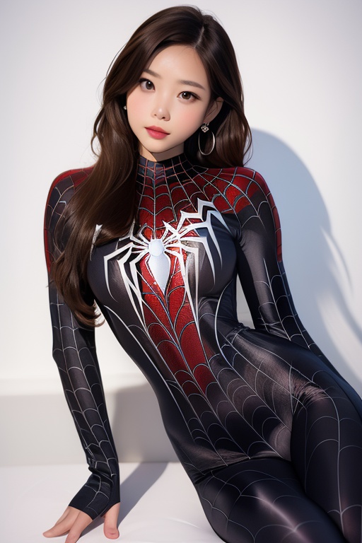 spiderman cosplay,1girl,long hair,looking at viewer,brown hair,brown eyes,earrings,bodysuit,spider web,head tilt,simple background,<lora:lbc_spiderman_ycc_240401_v1.0-000008:0.8>,