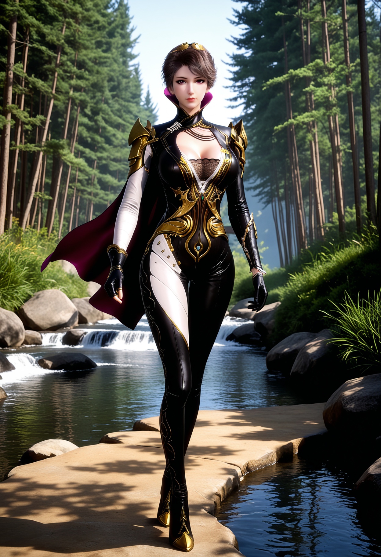 masterpiece,best quality,amazing quality,high resolution,ultra-detailed,absurdres,(looking at viewer:1.1),full body,(moody lighting:1.1),forest,east_asian_architecture,stream BREAK large breasts,cleavage,zhuzhuyun,1girl,solo,short hair,brown hair,bodysuit,gloves,high collar,armor,purple eyes,cape,shoulder armor,hair ornament,makeup,clothing cutout,black bra,lace-trimmed bra,black gloves,high heels BREAK photorealistic details,<lora:QQSillzhuzhuyunV1:0.8>,