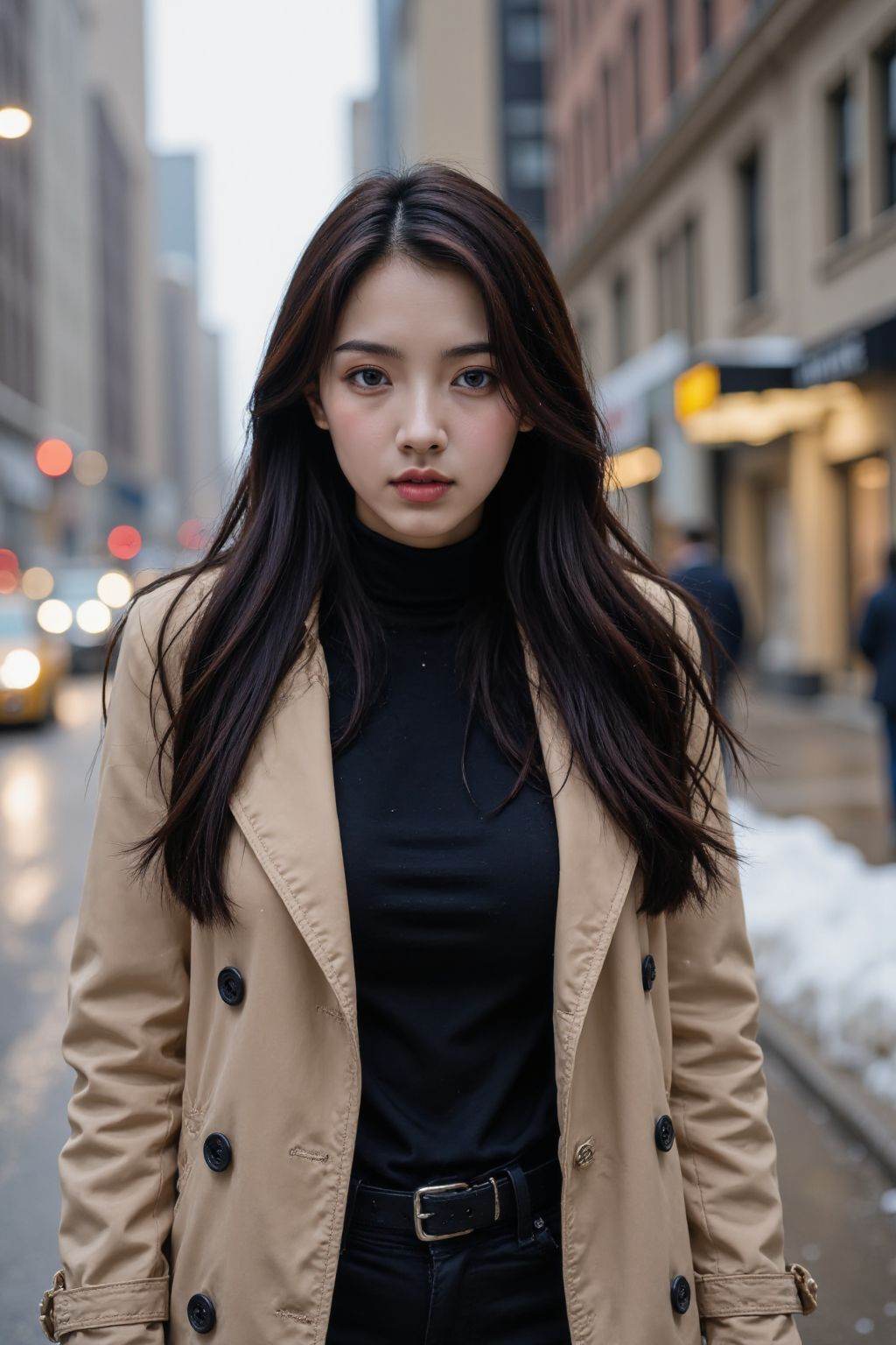 Photograph of a young woman with fair skin and long, straight black hair. She wears a tan trench coat over a black turtleneck sweater and black pants. She stands in a city street with tall buildings in the background, snow falling gently, and blurred lights from cars and storefronts. Her expression is serious and intense, looking directly at the camera.