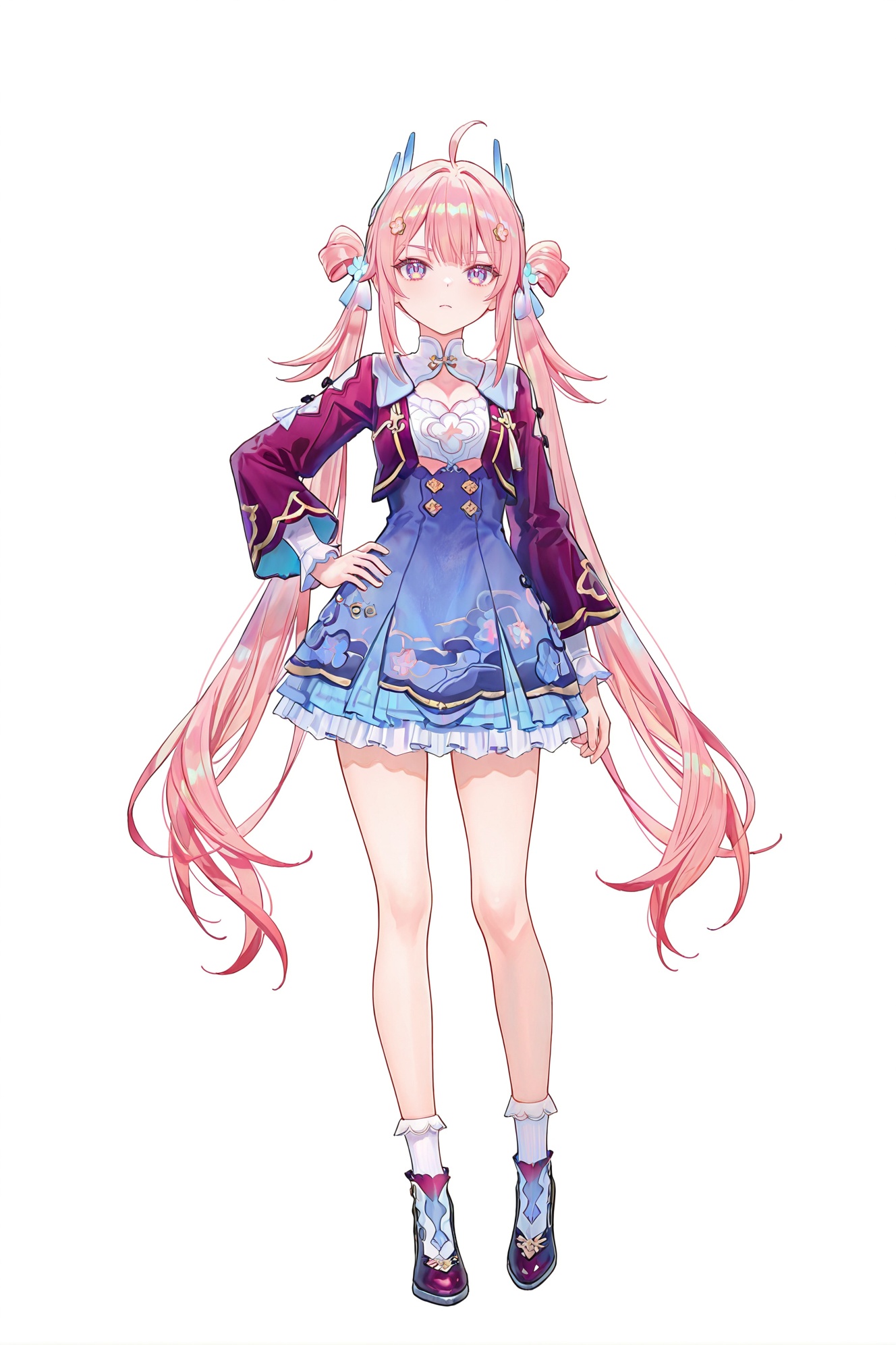 8k,best quality,masterpiece,(ultra-detailed),(high detailed skin),((artist:reoen),(artist:fuzichoco),(artist:atdan),(artist:torino_aqua),year 2024:0.8)1girl,[artist:wlop],[artist:ningen_mame],artist:ciloranko,[[artist:rhasta]],artist:tidsean,colorful,full body,full shot,standing,(solo:1.2),simple background,(white background:1.2),hand on own hip,(white background:1.1),looking at viewer,<lora:youyun-noob-Tanger:0.8>,youyun,clothes: youyundef short dress,youyundef hair ornament,1girl,pink hair,very long hair,ahoge,twintails,socks,hair flower,