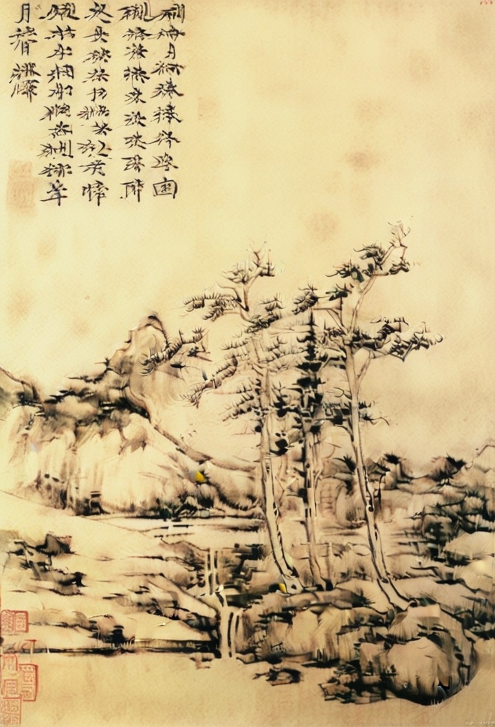 Yshanshui, monochrome, comic, monster girl, 1girl, mermaid, tree, wakasagihime, water, lake, death, traditional media, solo, japanese clothes, head fins a painting of a mountain scene with trees and rocks in the foreground and a chinese writing on the right <lora:XL_YSshanshuiV10:1>
