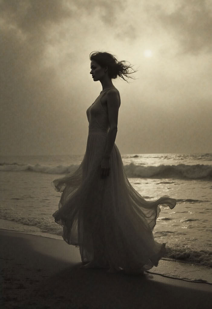 analog_feel,  Title: "Sepia Surrealism: The Melancholic Muse" A mature woman stands alone on a misty beach,  her figure a...