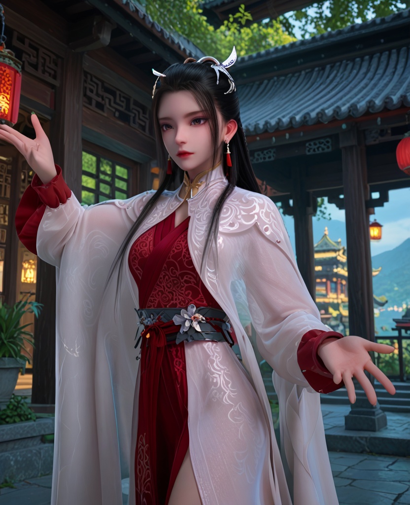 (oriental architecture, elegant decor, sophisticated style:1.1),(outstretched leg:1.1),(breasts:1.2),<lora:XL少年白马晏琉璃:0.95>,miss yanliuli,white cape with red dress underneath,brown eyes,hair ornament,earrings,black hair,hanging hair,long hair,sash,long sleeves,white cape,see-through silhouette,, score_9,score_8_up,score_7_up,score_6_up,score_5_up,score_4_up,3d rendering,tag1,tag2, Cinematic Lighting,backlighting,