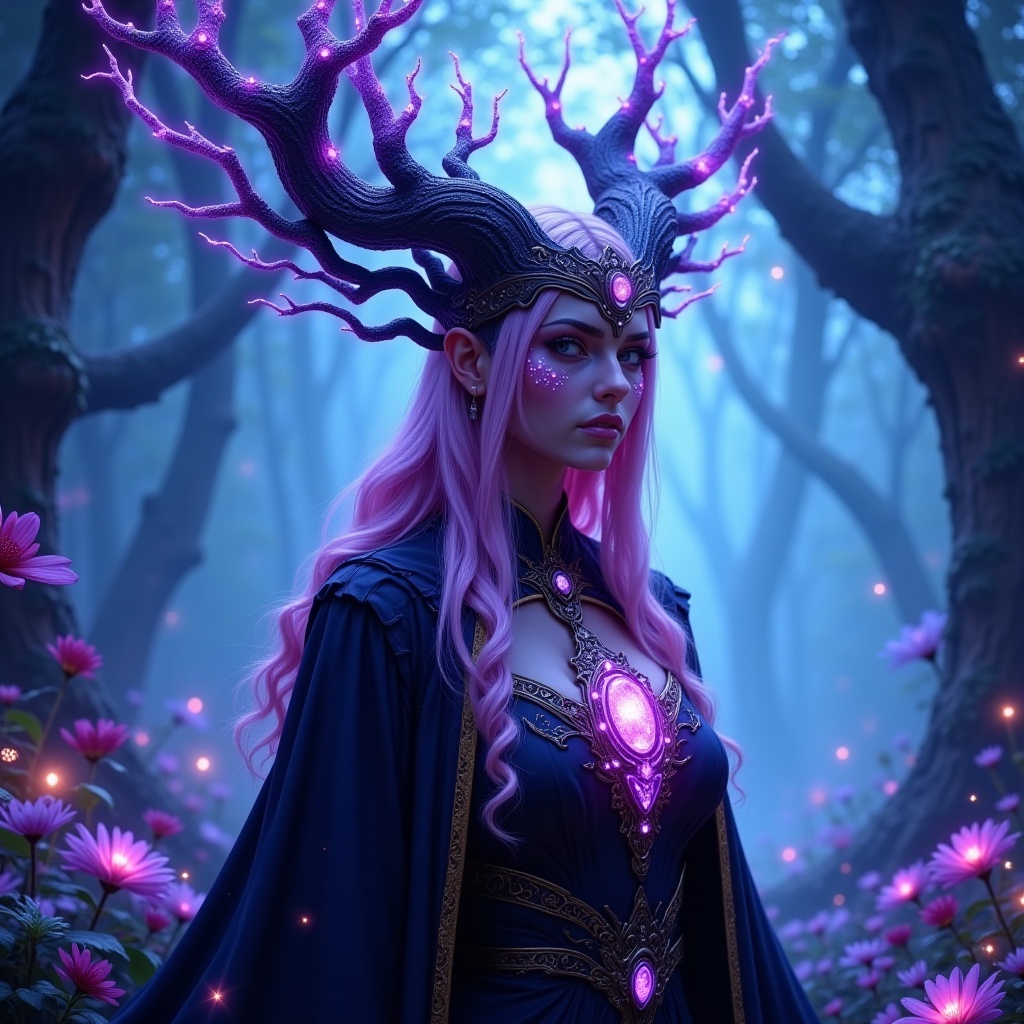 This is a highly detailed,  fantastical digital artwork featuring a mystical,  ethereal figure. The subject is a tall on T...