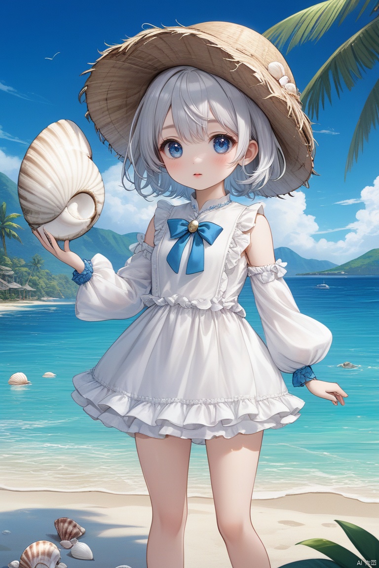 (Girlish body type), (masterpiece), (best quality), Exquisite visuals, high-definition, (ultra detailed), finely detail, ((solo)), (white Silver hair), (gradient Blue), (beautiful detailed eyes), Kawai, loveliness, ,standing, ((full body)),a slightly shy little shell with short white hair, anthropomorphic shells,a center cut, (child:1.2), wearing a white shell outfit and a swimming ring. (((Shell clothes and hats))),The environment is next to the beach, with coconut trees and many seashells on the beach