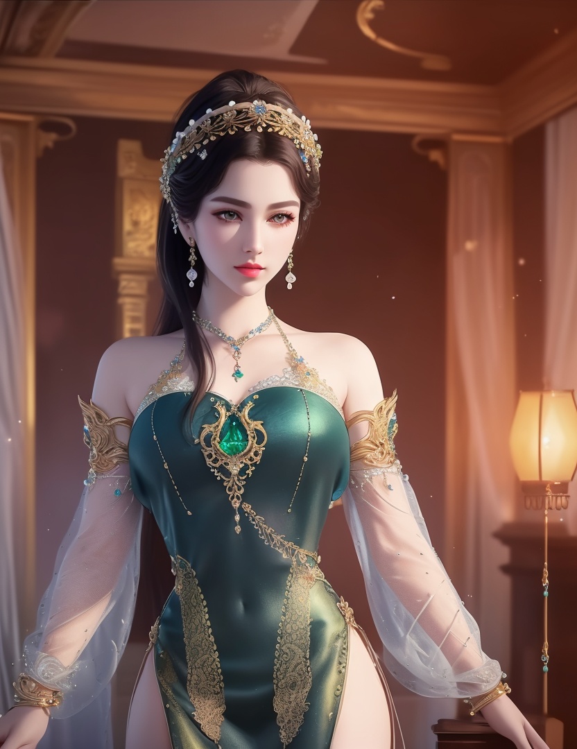 ultra realistic 8k cg, picture-perfect face, flawless, clean, masterpiece, professional artwork, famous artwork, cinematic lighting, cinematic bloom, perfect face, beautiful face, fantasy, dreamlike, unreal, science fiction,  beautiful clothes, lace, lace trim, lace-trimmed legwear,  (rich:1.4), prestige, luxury, jewelry, diamond, gold, pearl, gem, sapphire, ruby, emerald, intricate detail, delicate pattern, charming, alluring, seductive, erotic, enchanting, hair ornament, necklace, earrings, bracelet, armlet,halo((,1girl, pov,))(((,  1girl,  solo,looking at viewer, ))),(((1girl, solo, dress, jewelry)))<lora:DA_WhiteSnakeGreenSnake:0.7>