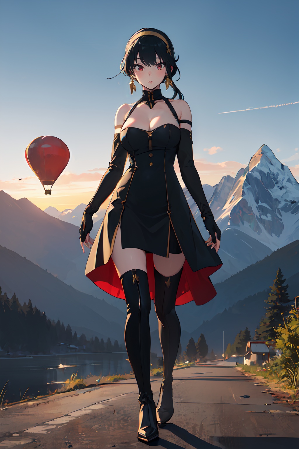 best quality,masterpiece,highres,anime_style,1girl,solo,full body,looking at viewer,standing,<lora:lora-000008.by_tusi:0.8>,YorBriar_CYQL,(black hair,long hair,bangs,sidelocks,jewelry,gold hairband,hair ornament,gold earrings,red eyes,large breasts,bare shoulders,cleavage,black gloves,fingerless gloves,black dress,two-sided dress,thigh boots,black footwear,thighs,zettai ryouiki,),Swiss Alps, Hot air balloon, Sunrise, Mountain peaks, Adventure,