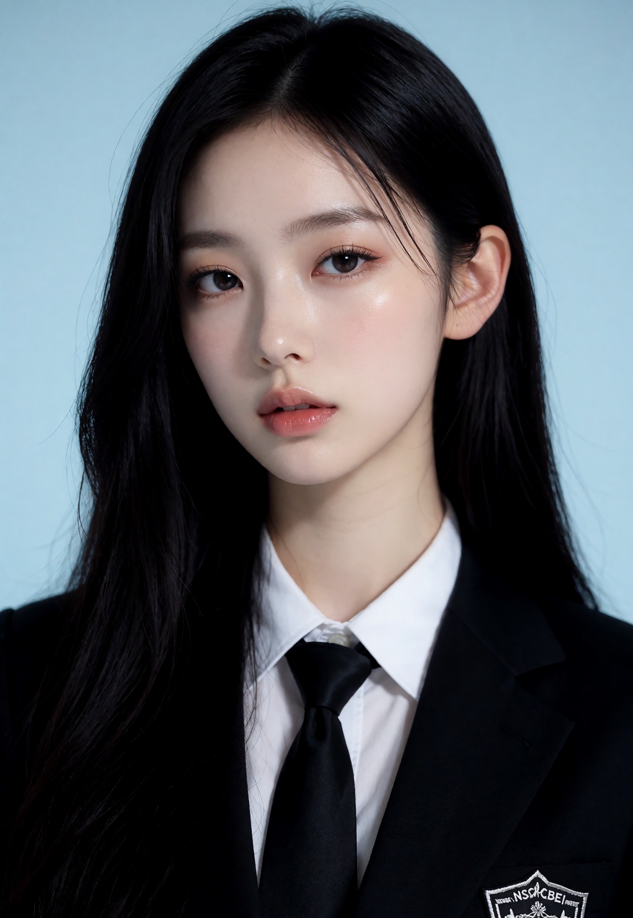 This photo is a high-resolution image of an East Asian woman with long,  straight black hair falling over her shoulders. H...