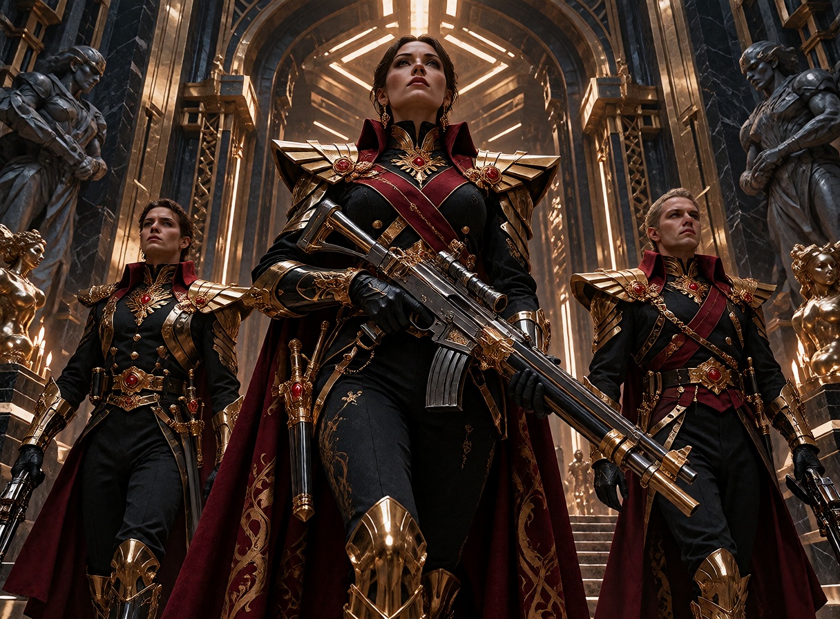 Three elite security officers stand in formation at the entrance of a monumental corporate palace. Their uniforms combine...