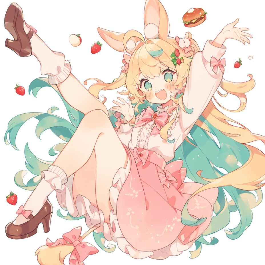 masterpiece, best quality ,1girl, arm up, blonde hair, blue hair, blush, bow,  dress, food, full body, green hair, hair ornament, high heels, jenlen01, long hair, mismatched legwear, open mouth, pink bow,  skirt, smile, socks, solo, tail bow, very long hair, white background, white shirt, white socks, detail eyes,     <lora:ShangCanglin01-000004:0.8>