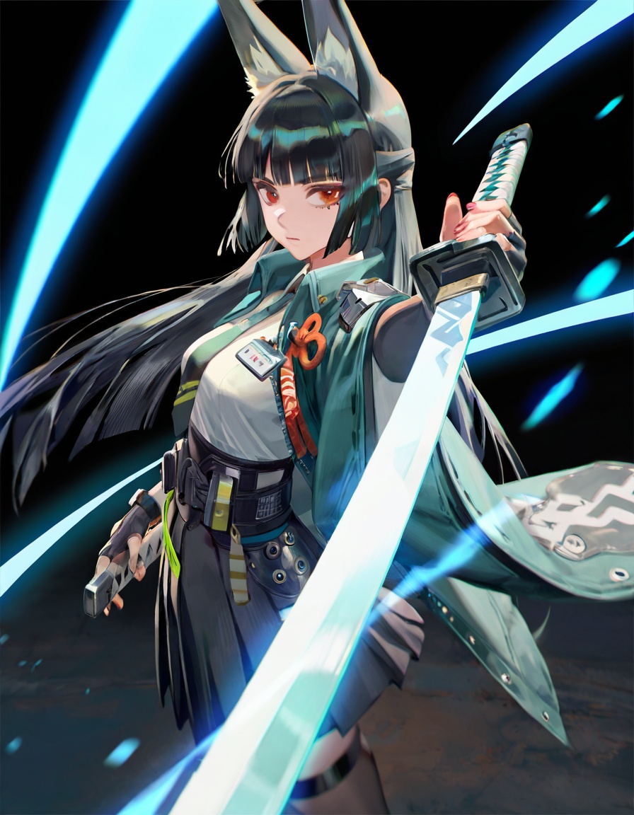 1girl,hoshimi miyabi,zenless zone zero,rei \(sanbonzakura\),torino aqua,(ciloranko:0.9),lack,from above,from side,foreshortening,animal ear fluff,black gloves,black hair,black necktie,black skirt,blunt bangs,closed mouth,fox ears,fox girl,green jacket,high-waist skirt,holding sword,glowing katana,energy,long hair,red eyes,serious,sidelocks,solo,white shirt,blue theme,black background,depth of field,cinematic,masterpiece,best quality,good quality,newest,highres,absurdres,style_6,