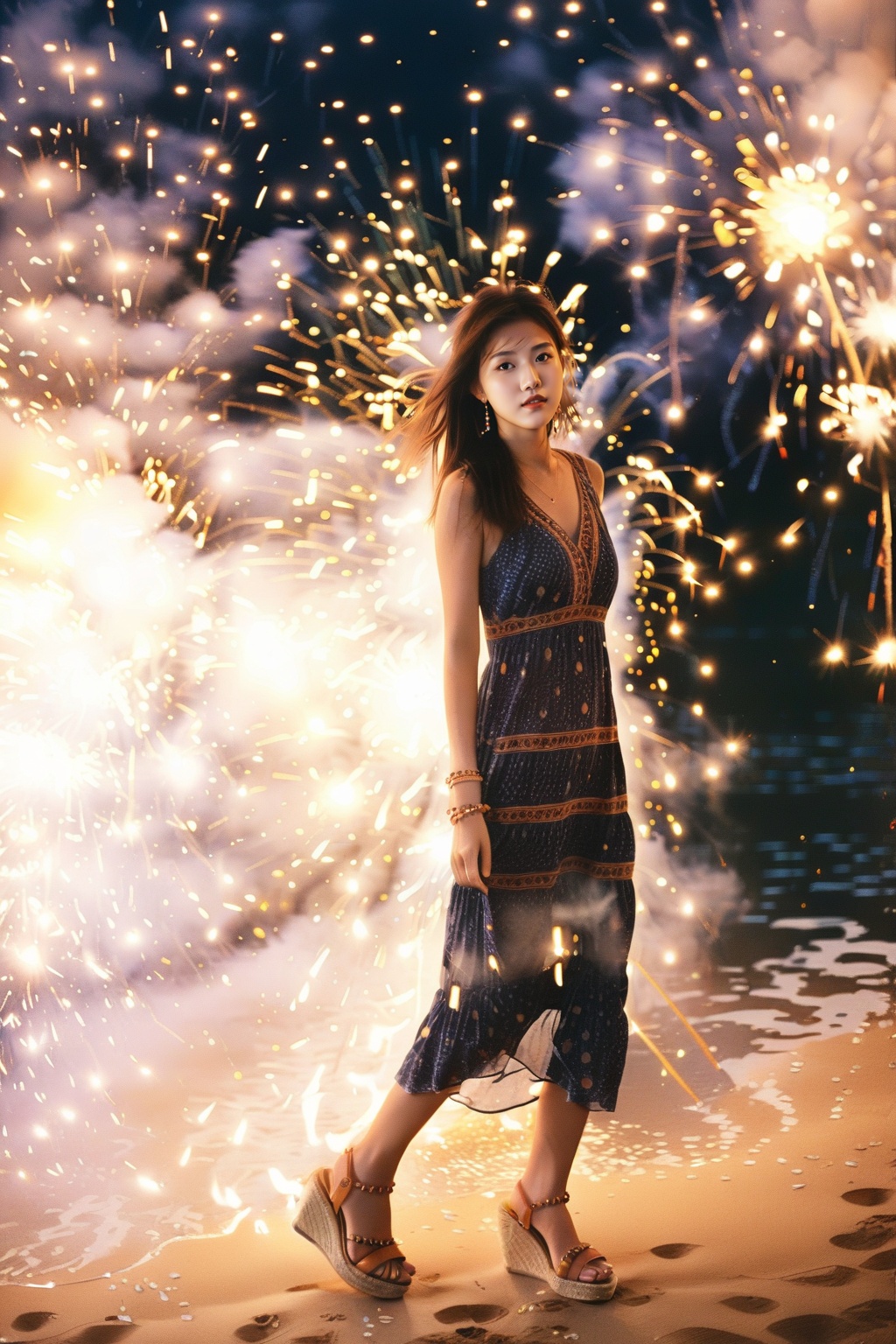 an asian girl,(Boho_printed_dress:1.5),(Straw_wedge_sandals:1.4),(Beaded_bracelets:1.3),film grain texture,analog photography aesthetic,fire,fireworks,night,<lora:disillusion · fireworks_SDXL:1>,