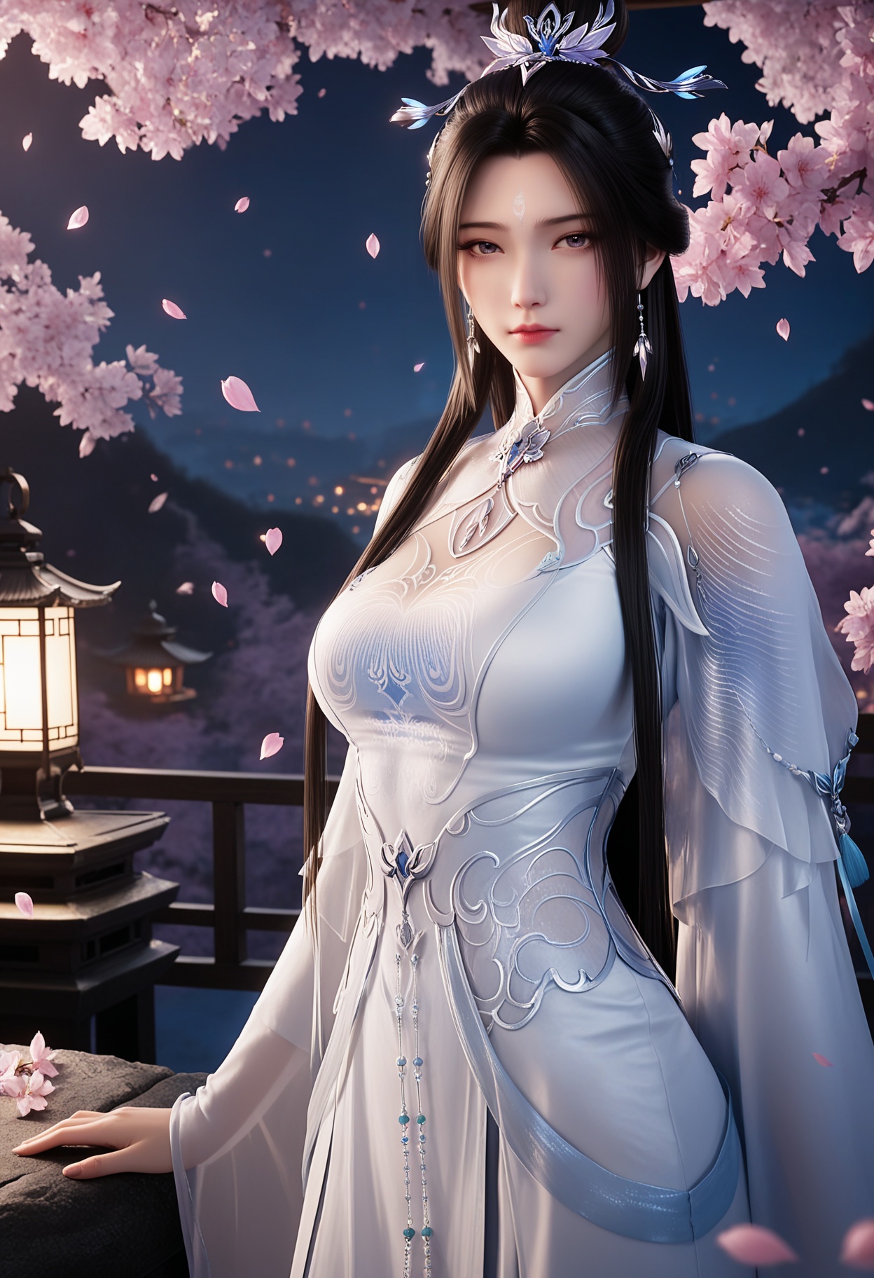 masterpiece,best quality,amazing quality,very aesthetic,high resolution,ultra-detailed,absurdres,scenery,photorealistic,(looking at viewer:1.1),upper body,(Dark room:1.3),(moody lighting:1.1),peach blossom,falling petals,(large breasts:0.8),luxueqi,1girl,solo,black hair,long hair,dress,jewelry,earrings,hair ornament,forehead mark,white dress,hair bun,realistic,chinese clothes,shoes BREAK photorealistic details,<lora:QQSillluxueqiV1:0.8>,