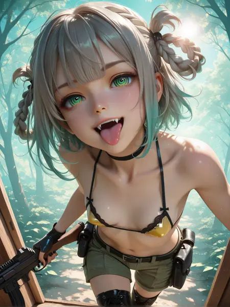 HDR, 8K, high contrast, masterpiece, best quality, amazing quality, realistic, very aesthetic, high resolution, ultra-detailed, absurdres, smooth skin, detailed hair, athletic frame,1girl, solo, gray short hair, bangs, green eyes, braid, hair rings, ringed eyes, skinny, (caramel skin:1.2), yellow micro bra, black nails, black thigh-highs, black finger-less gloves, black choker, close shot, open mouth, vampire fangs, close view, high angle, tongue out, Cargo pants, lace-up boots, submachine gun, black belt, magazine pouch, happy,pastel color theme, aqua color background, sky-diffused fill, (fogged silhouette), available light, lens flare, depth of field, dutch angle, sunny day, out doors,  in the forest,