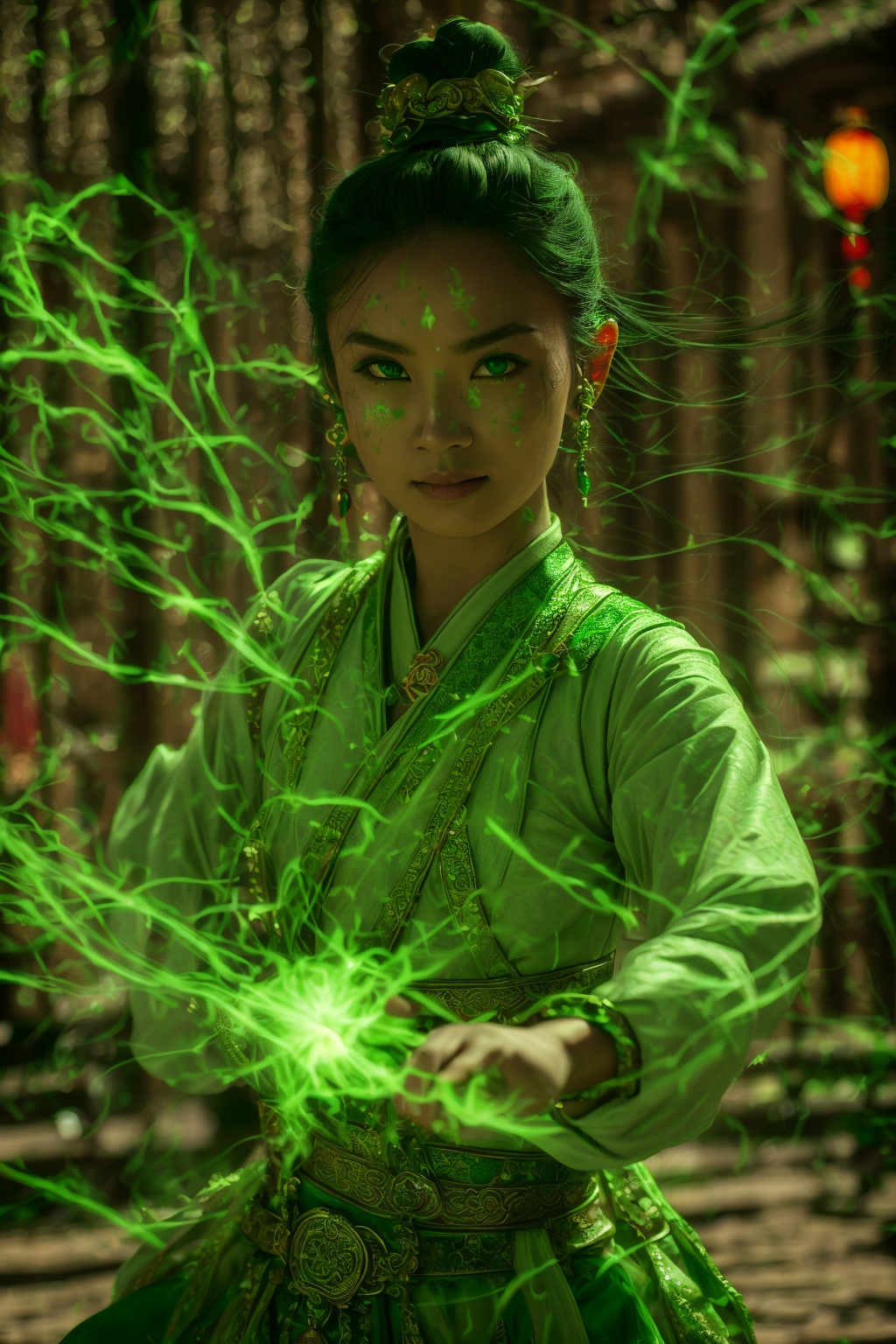 green-poison-magic,using green-poison-magic,using green-magic,green-aura,green-magic,dancing,ancient-costume,fighting stance,1girl,solo,looking at viewer,blurry,green eyes,chinese clothes,blurry background,black hair,facial mark,forehead mark,long hair,jewelry,<lora:magic_fighting_green_512_dreamshaper_8_2:0.8>,