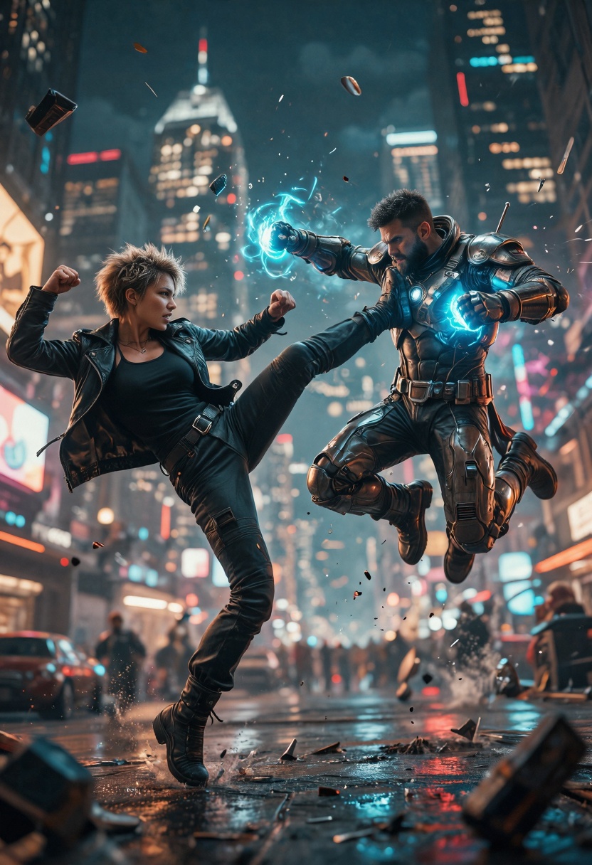 A realistic photo of In the heart of a bustling metropolis,  a fierce and intense battle unfolds between two skilled warri...