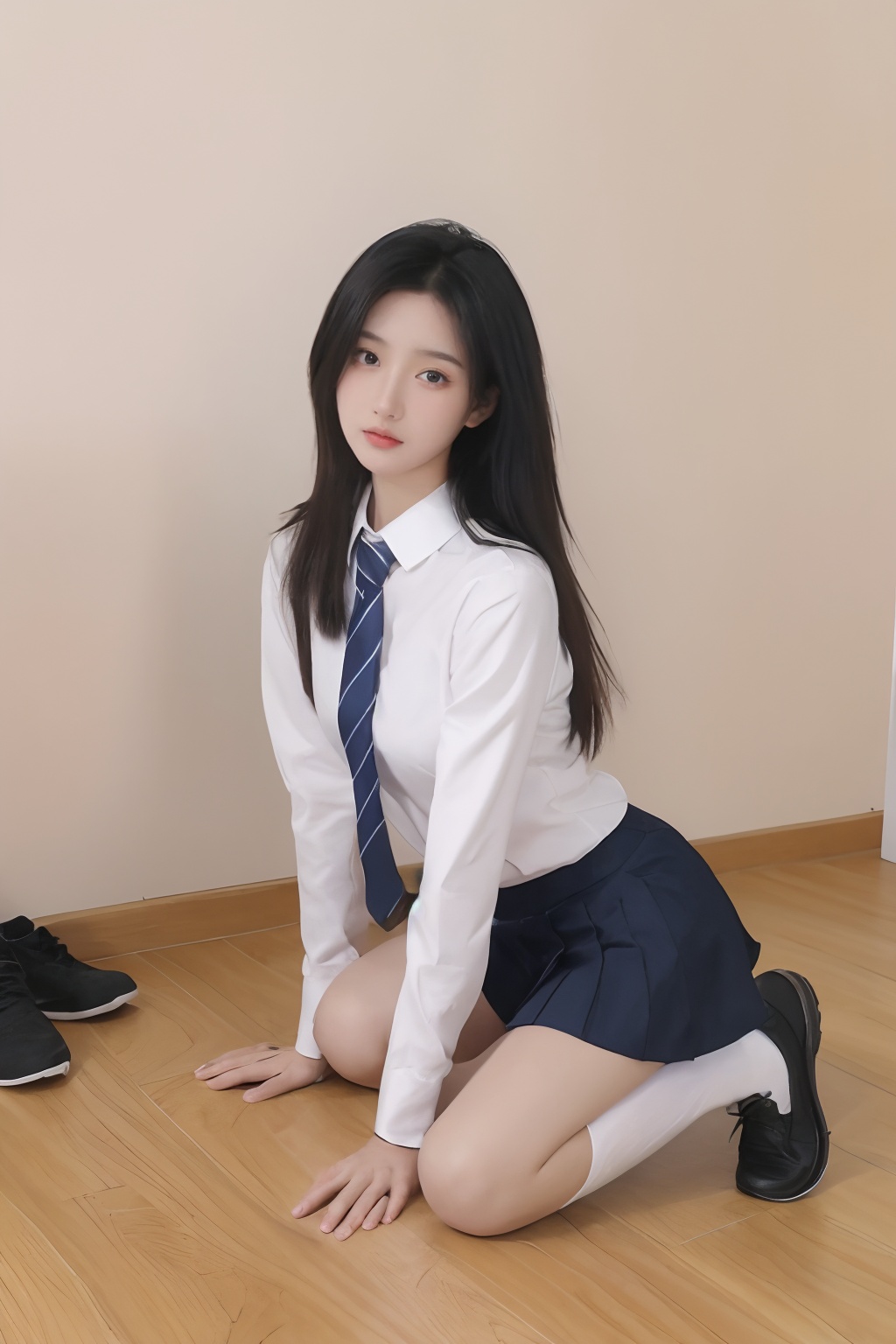 1girl,solo,black hair,necktie,skirt,kneeling,long hair,socks,looking at viewer,black footwear,realistic,school uniform,shirt,white socks,white shirt,shoes, <lora:sifang_20231118123505:0.6>