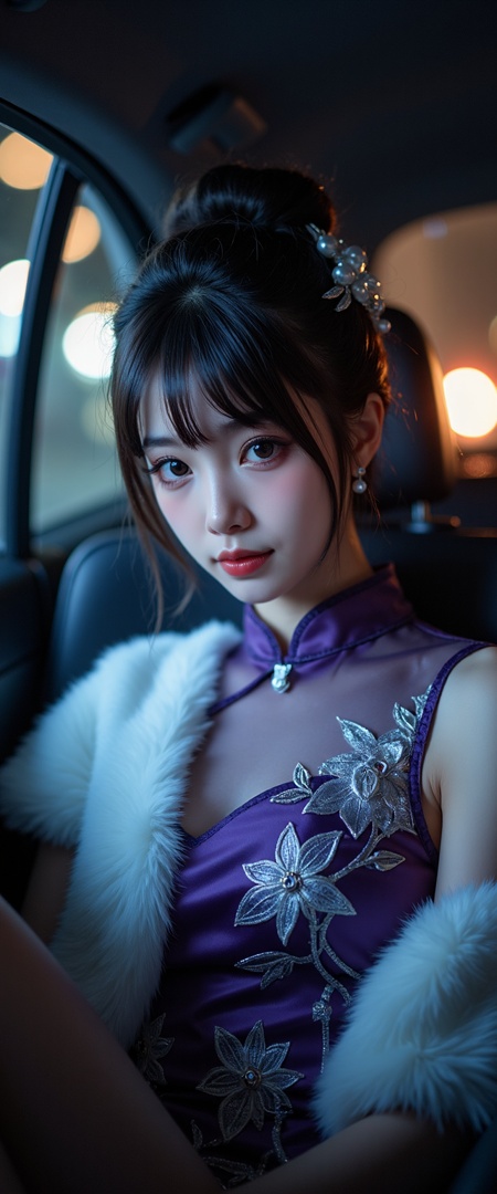 She sat alone in the backseat of the black sedan on the way back, the window half-open, the night breeze gently caressing her face. The delicate silver thread embroidered lotus flowers on the dark purple silk cheongsam flickered in the light and shadow of the street lamps. The white mink shawl loosely wrapped around her shoulders, one corner casually draped over the armrest. Her bun was slightly disheveled, the pearl hairpin still stubbornly clipped at her ear, the moonlight casting a hazy silver glow on her. The makeup, washed by the night, showed a hint of fatigue at the corners of her eyes and lips, the vivid color faded.,(((photo raw)),),from front,Alternate Reality, Stylish Fashion, Creative Art, Unique Aesthetic,Alternative Style,reflective light,glowing,energy, reflection ,wearing see-through cheongsam,