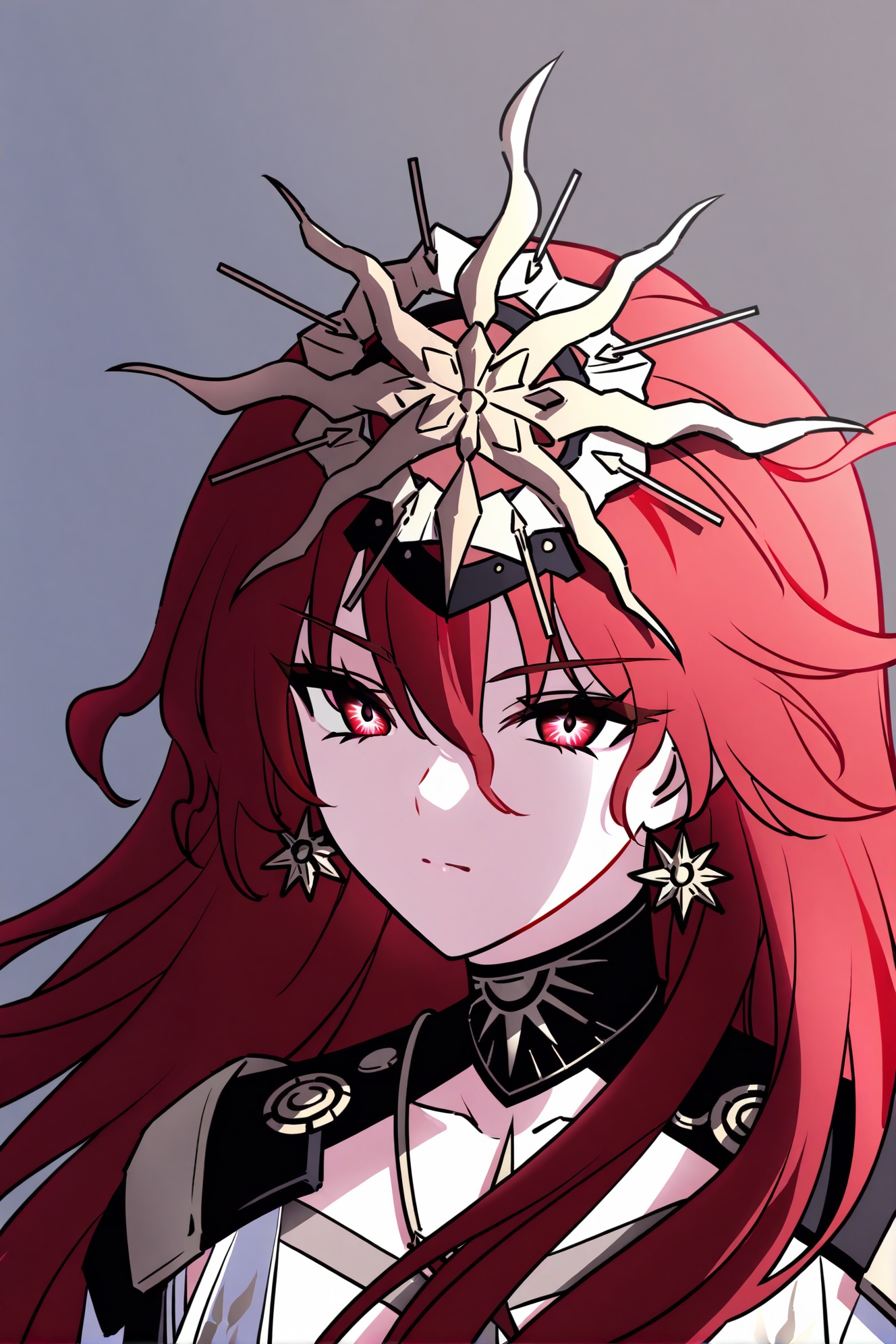 ovc,meiheyeragu,augusta\(Wuthering Waves\),solo,long hair,red eyes,red hair,1girl,looking at viewer,upper body,closed mouth,simple background,