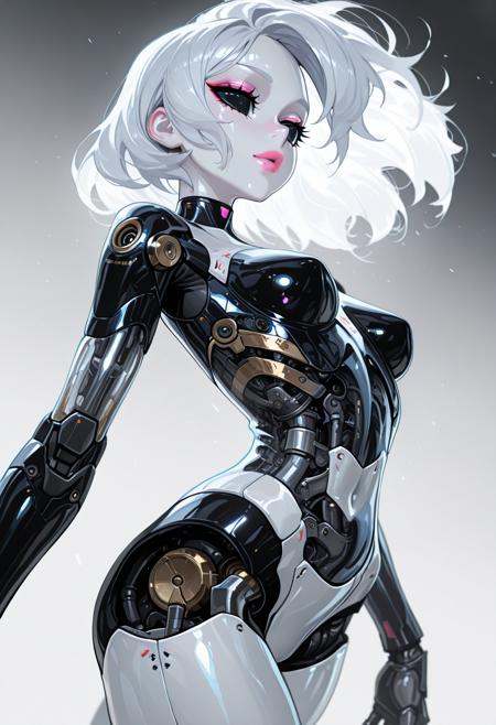 (masterpiece), (best quality), (ultra-detailed), amazing quality, very aesthetic, perfect composition, intricate details, absurdres, incredibly absurdres, clear skin, ultra-detailed-eyes, greatscore, pretty, dynamic angle, dynamic pose, mechabare, mechanical parts, science fiction , cyborg, ,makeup, eyeshadow, pink lips, see-through skin,m ribs,