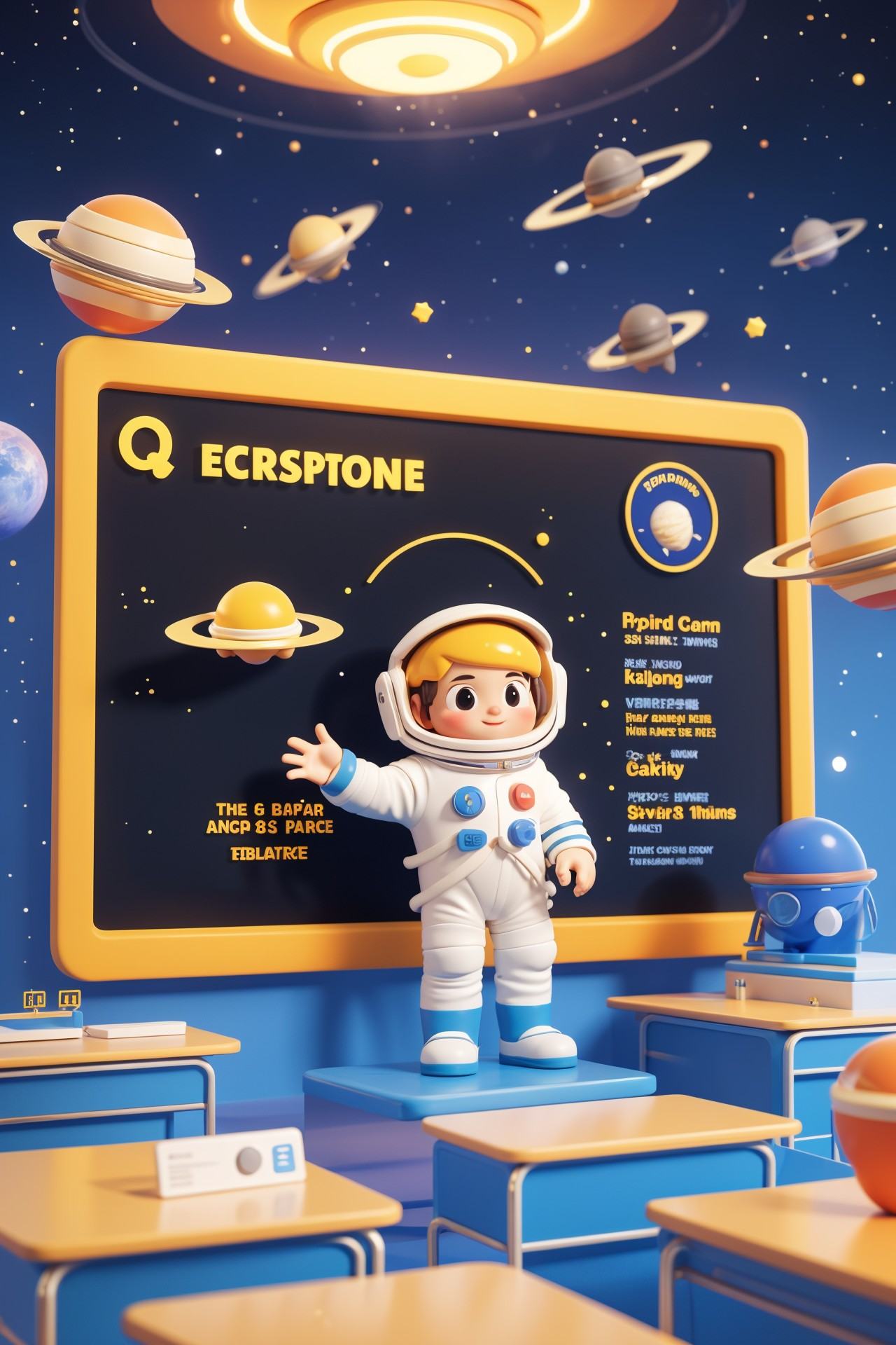 "3D style, Q version cute scene of a boy dressed as an astronaut standing at the front of a classroom. The classroom has been transformed into a mini space station with floating planets, stars, and spacecraft models hanging from the ceiling. The background includes a chalkboard with drawings of the solar system and a few enthusiastic students watching the boy, creating a fun and educational atmosphere."