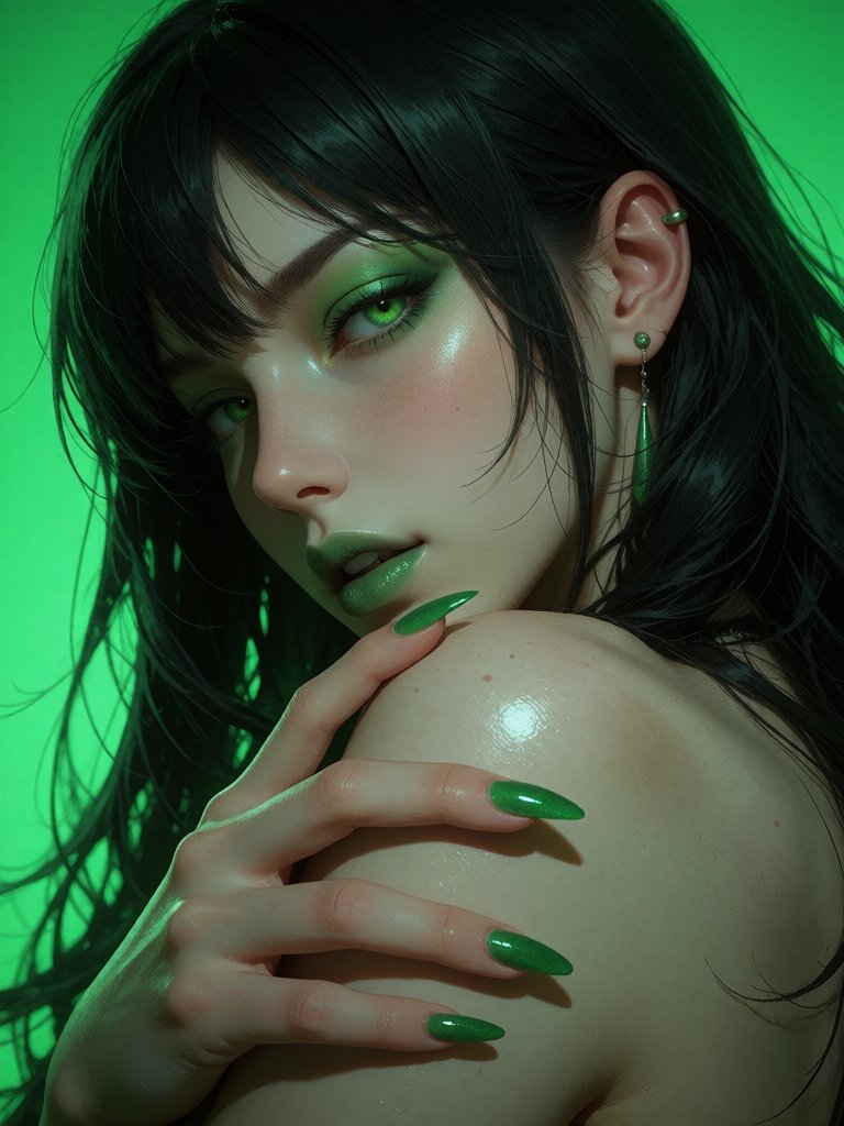 Portrait of a woman with long dark green hair,  bright green eyes and matching green eyeshadow and lipstick,  looking side...