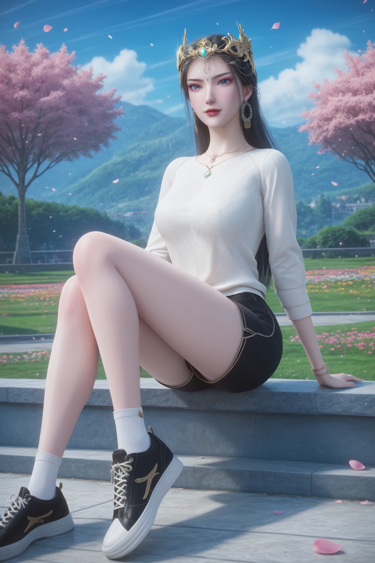 hongdie,<lora:hongdieXL:0.6>,score_9,score_8_up,score_7_up,32K UHD,8k,4k,best quality,extremely detailed cg 8k wallpaper,ultra-detailed,masterpiece,sharp focus,unconventional supreme masterpiece,masterful details,temperate atmosphere,with a high-end texture,luxurious sharp focus,intense,dynamic cinematic color,located artistic,Fashion and art,elegant and sophisticated,innovative use of light and shadow,decorative,allegorical,symbolic,with a high-end texture,day,sky,outdoors,flower,flower field,petals,sitting,pale skin,1girl,solo,looking at viewer,sweatshirt,shorts,shoes,