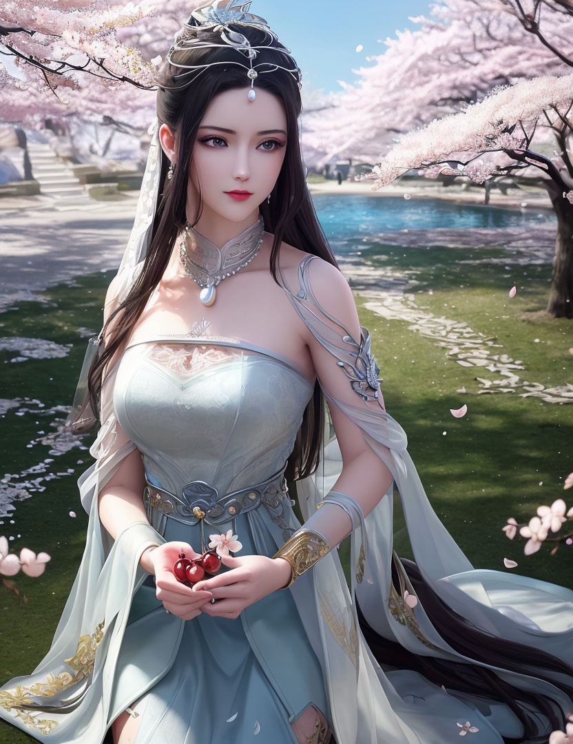 ultra realistic 8k cg, picture-perfect face, flawless, clean, masterpiece, professional artwork, famous artwork, cinematic lighting, cinematic bloom, perfect face, beautiful face, fantasy, dreamlike, unreal, science fiction,   lace, lace trim, lace-trimmed legwear,  (rich:1.4), prestige, luxury, jewelry, diamond, gold, pearl, gem, sapphire, ruby, emerald, intricate detail, delicate pattern, charming, alluring, seductive, erotic, enchanting, hair ornament, necklace, earrings, bracelet, armlet,halo((,1girl, pov,))  , ((((1girl, solo, ,cherry blossoms,outdoors, ))))<lora:DA_LinQingZhu:0.7>