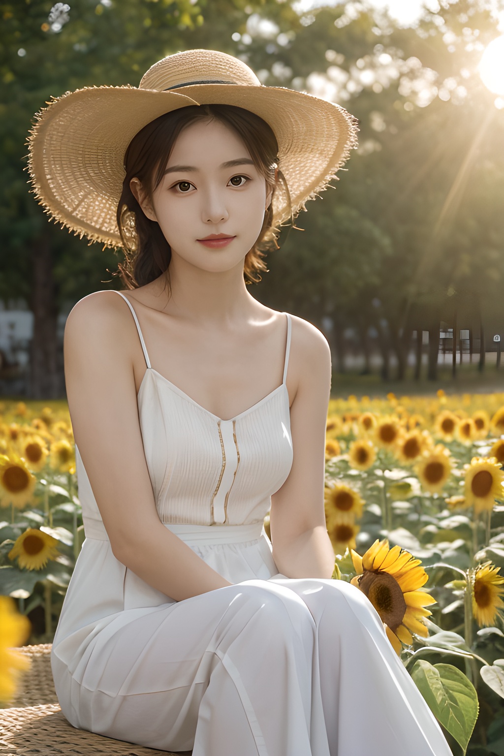 <lora:0805_07:0.7>, <lora:SDXLrender_v2.0:0.8>,a girl with a sun hat, sitting in a field of sunflowers, bathed in the golden glow of sunset, warm hues, peaceful ambiance, natural beauty.korean girl,black hair,, 1girl,realistic,masterpiece, best quality, photorealistic, HDR,detail