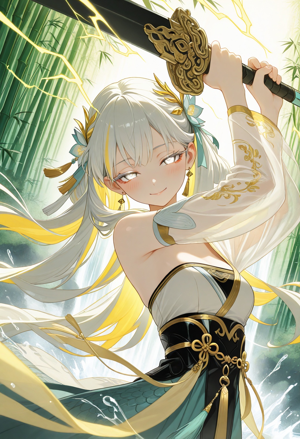 masterpiece,best quality,amazing quality,very aesthetic,absurdres,newest,glowing eyes,streaked hair,glowing inner hair,glowing streaks,1girl,jinhsi \(wuthering_waves\),white hair,blonde_eyes,large_breasts,(upper_body,close-up:1.4),Dynamic pose,ä¸²,((aqua and yellow:0.85) but Limited palette:1.2),//,Chinese architecture,Ink,hair flowers,bamboo forest,bamboo,//(long hair),small breasts,smile,((dragon)),Yellow lightning,(makeup,white eyeliner),white eyeshadow,white eyes,(long eyelashes),half-closed eyes,Dragon skirt,blush,holding sword,chinese sword,(dynamic angle:1.2),(hanfu:1.4),chinese clothes,transparent clothes,tassel,chinese knot,bare shoulders,kanzashi,draped silk,gold trim,wind,bokeh,scattered leaves,flying splashes,waterfall,splashed water,looking at viewer,