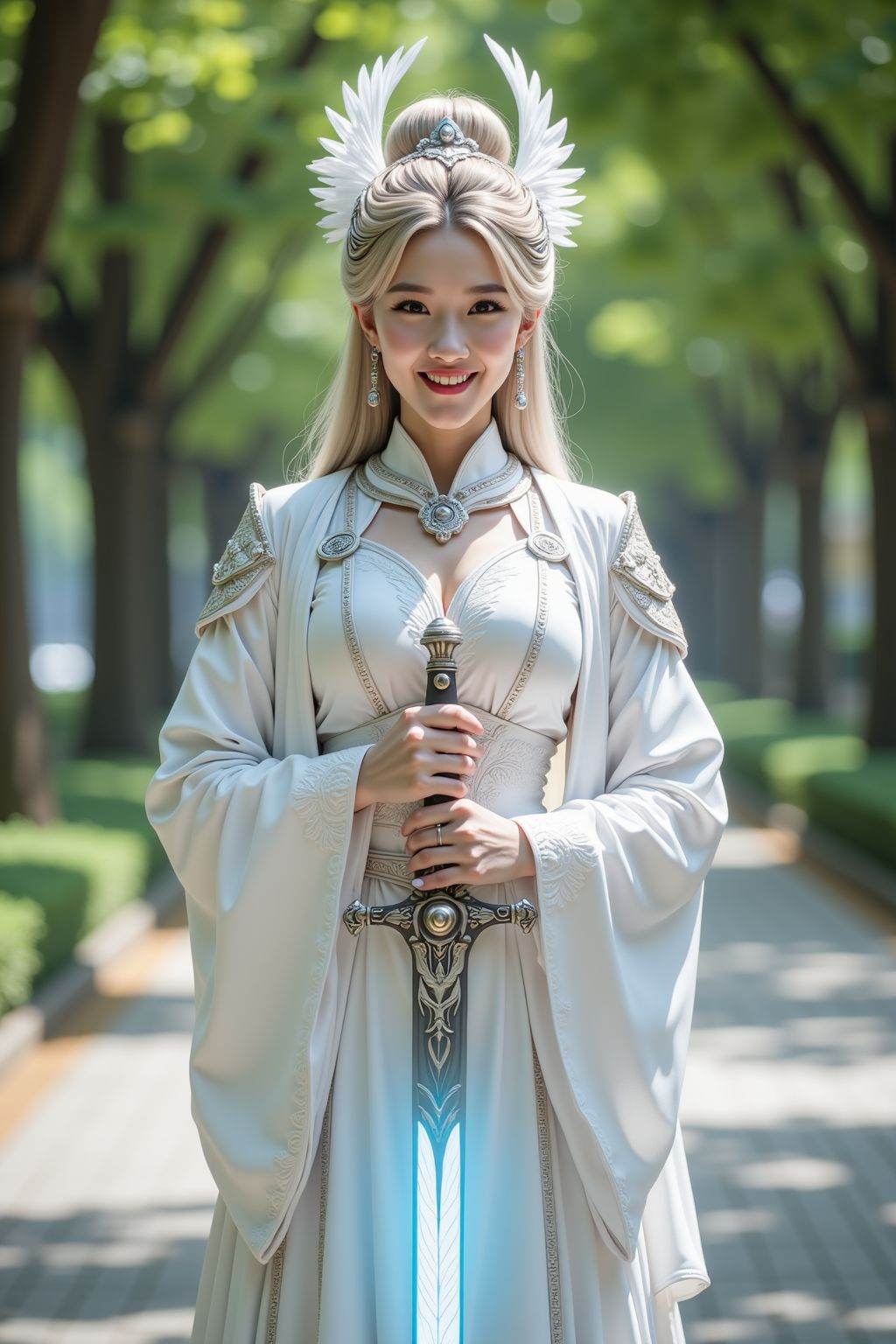 The image depicts a smiling young woman in exquisite attire, her appearance seemingly inspired by fantasy or historical themes. The outfit is predominantly white, adorned with intricate patterns and designs. The girl holds a sword whose blade gleams with a blue light, adding a touch of fantasy. The attire also includes a headdress decorated with white feathers or other ornaments. The girl stands on a paved path surrounded by green trees, suggesting an outdoor setting. The overall style evokes fantasy or cosplay, and she is depicted with a full bust.