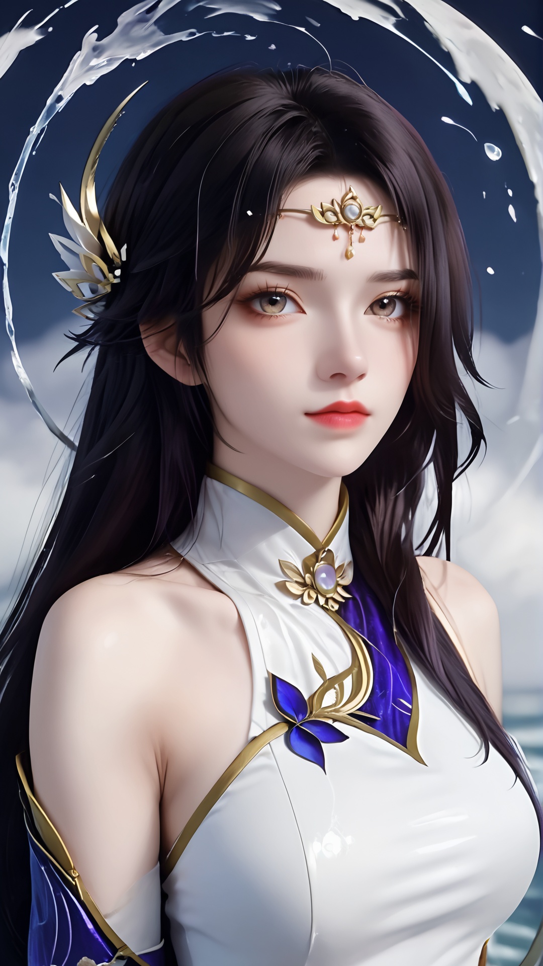 The image is a digital portrait of a young woman with long dark hair. She is wearing a purple and white outfit with a gold headpiece on her forehead. The headpiece is a circular design with a flower-like pattern in the center. The woman has a serious expression on her face and is looking directly at the camera. The background is black with splashes of white and purple. The overall mood of the image is dark and mysterious.,<lora:pony玄衣-000004:0.8>,