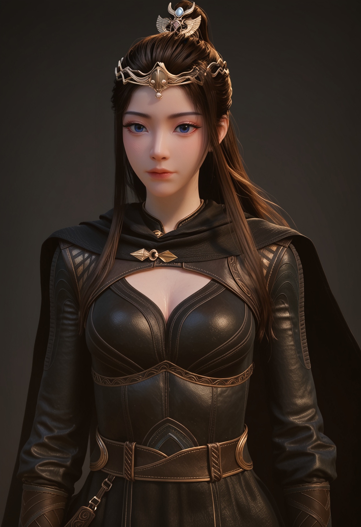 (upper_body:1.2),score_9,score_8_up,masterpiece,(best quality),intricate details,facing viewer,(looking at viewer:1.1),<lora:YQ_pony_yuanyao_heiyi_V4:0.8>,q1528437228,1girl,solo,long hair,blue eyes,brown hair,black hair,ponytail,hair ornament,dress,cape,long sleeves,tiara,black dress,circlet,belt,black cape,brown eyes,hair bun,boots,BREAK(score_9:1.2),(score_8_up:1.2),masterpiece,best quality,very aesthetic,perfect anatomy,(hourglass),perfect face,(simple background,pure black background,black background:1.1),fair_skin,(shiny_skin:1.1),Ivory_skin,