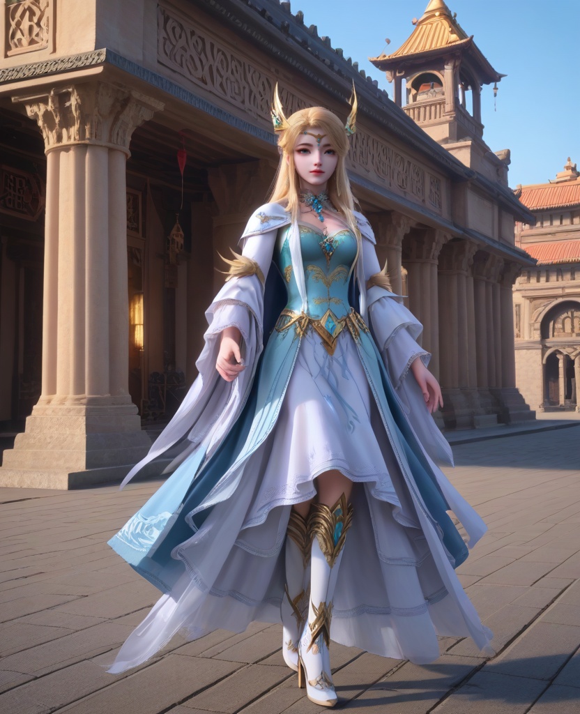 (oriental architecture, elegant decor, sophisticated style:1.1),(jogging:1.1),(breasts:1.2),<lora:XL16长夜开拓者圣女维罗妮卡:0.95>,miss veronica,blue corset dress,blue eyes,blonde hair,half-up ponytail with hair over shoulder,hair ornament,jewelry,choker,tiered sleeves,earrings,cape,white dress hem,white high heel boots,, score_9,score_8_up,score_7_up,score_6_up,score_5_up,score_4_up,3d rendering,tag1,tag2, Cinematic Lighting,backlighting,