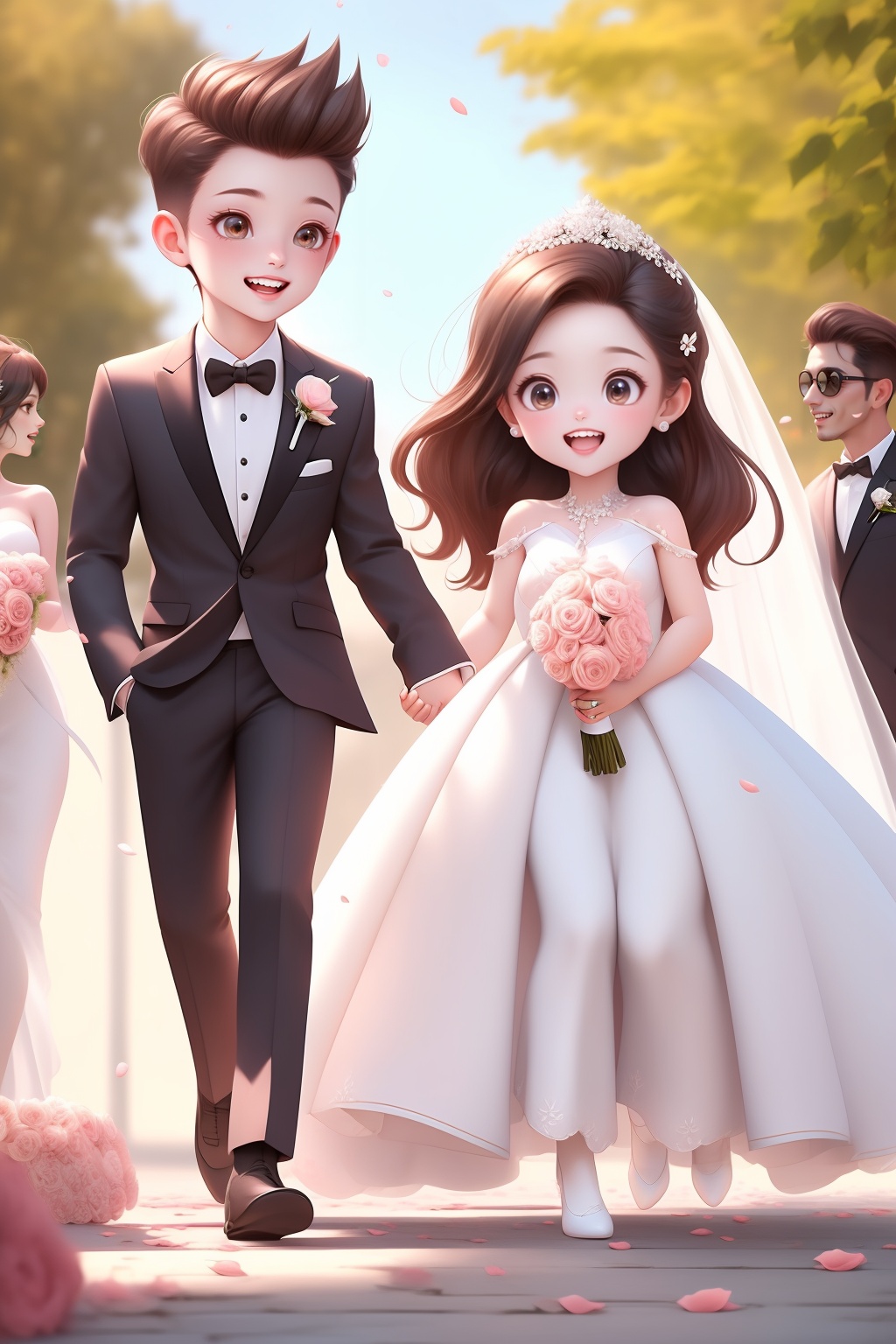 1girl,sqs,dress,1boy,flower,brown hair,smile,necktie,open mouth,brown eyes,holding hands,pants,long hair,white dress,wedding dress,petals,white footwear,bouquet,black necktie,blush,wedding,groom,walking,black pants,formal,pink flower,teeth,hair ornament,suit,hair flower,shirt,upper teeth only,chibi,hetero,:d,holding,short hair,white jacket,bride,looking at another,veil,spiked hair,shoes,aged down,bridal veil,<lora:sqs:0.8>,