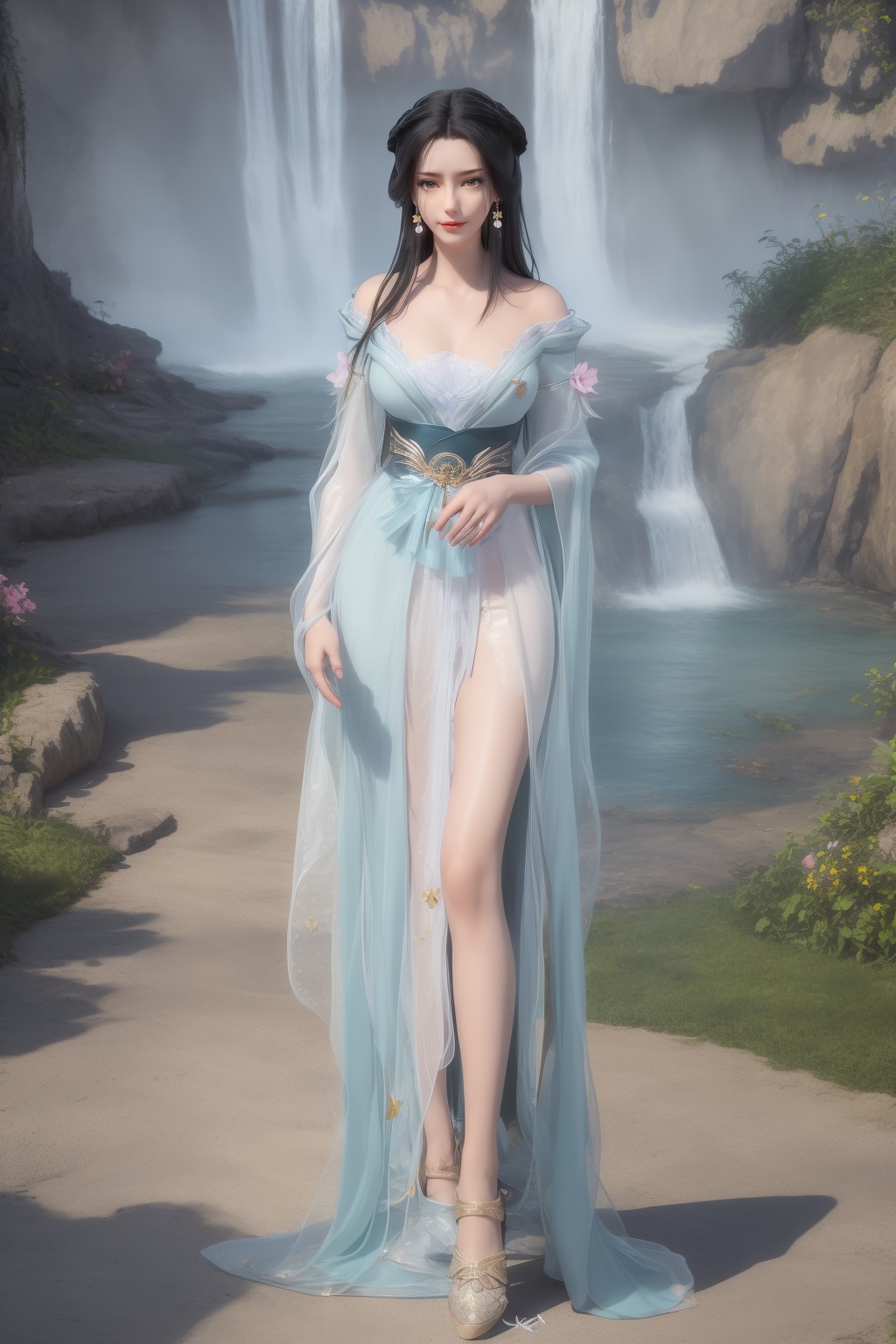 ultra realistic 8k cg,flawless,clean,masterpiece,professional artwork,famous artwork,perfect face,beautiful face,best quality,full_shot,absurdres,1girl,solo,hanfu,dress,standing,bare shoulders,facial mark,forehead mark,hair bun,hair rings,chinese clothes,sparkle,torogao,smile,makeup,lips,breasts,large breasts,jewelry,earrings,hair ornament,(outdoors:1.4),water,waterfall,butterfly,flower,long hair,realistic,looking at viewer,shoe,<lora:shenfengJ_20240105120823-000004:0.7>,