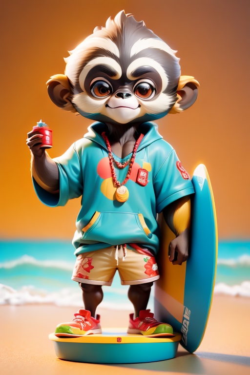 <lora:鲜创一派@猿酷侠:1>,(Anthropomorphic Hainan Gibbon,three-dimensional cartoon image), standing, one, wearing beach casual clothes, cool, fashionable, happy, trendy, hip-hop, blind box. Highest quality, masterpieces, masterpieces, award-winning works. Extreme detail. Solid color background. The perfect hand. Dark Skin, Surfing, 2024 Hainan International Cultural and C, 3d stely