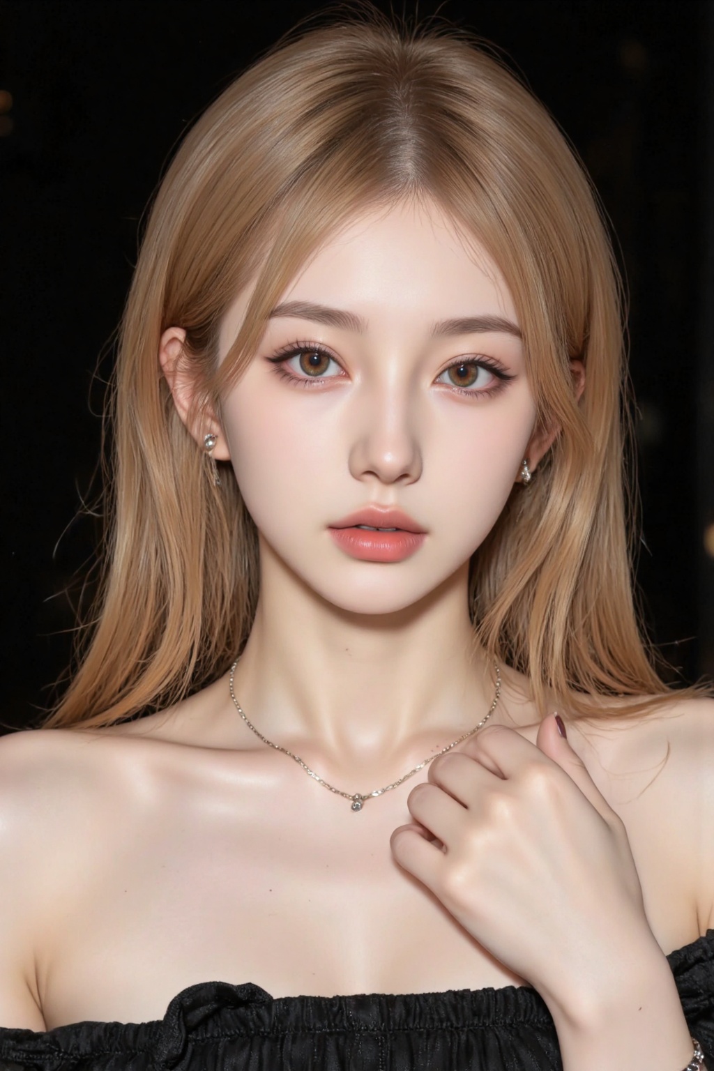 girl,solo,girl,1girl,solo,long hair,looking at viewer,bangs,blonde hair,bare shoulders,jewelry,closed mouth,collarbone,yellow eyes,upper body,earrings,lips,eyelashes,black background,portrait,realistic,